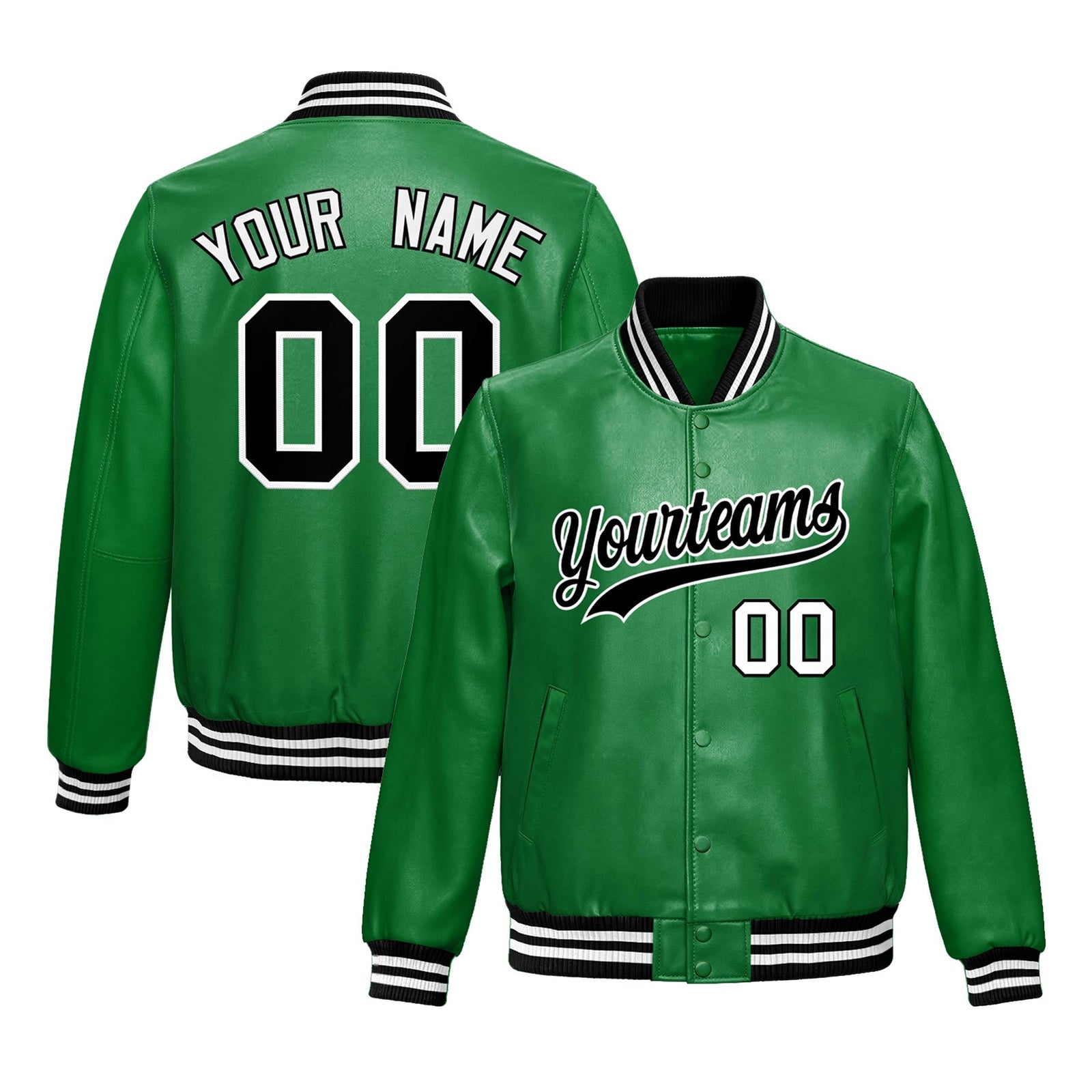 Custom Kelly Green Black Full-Snap Varsity Faux Leather Letterman Jacket| KXKSHOP