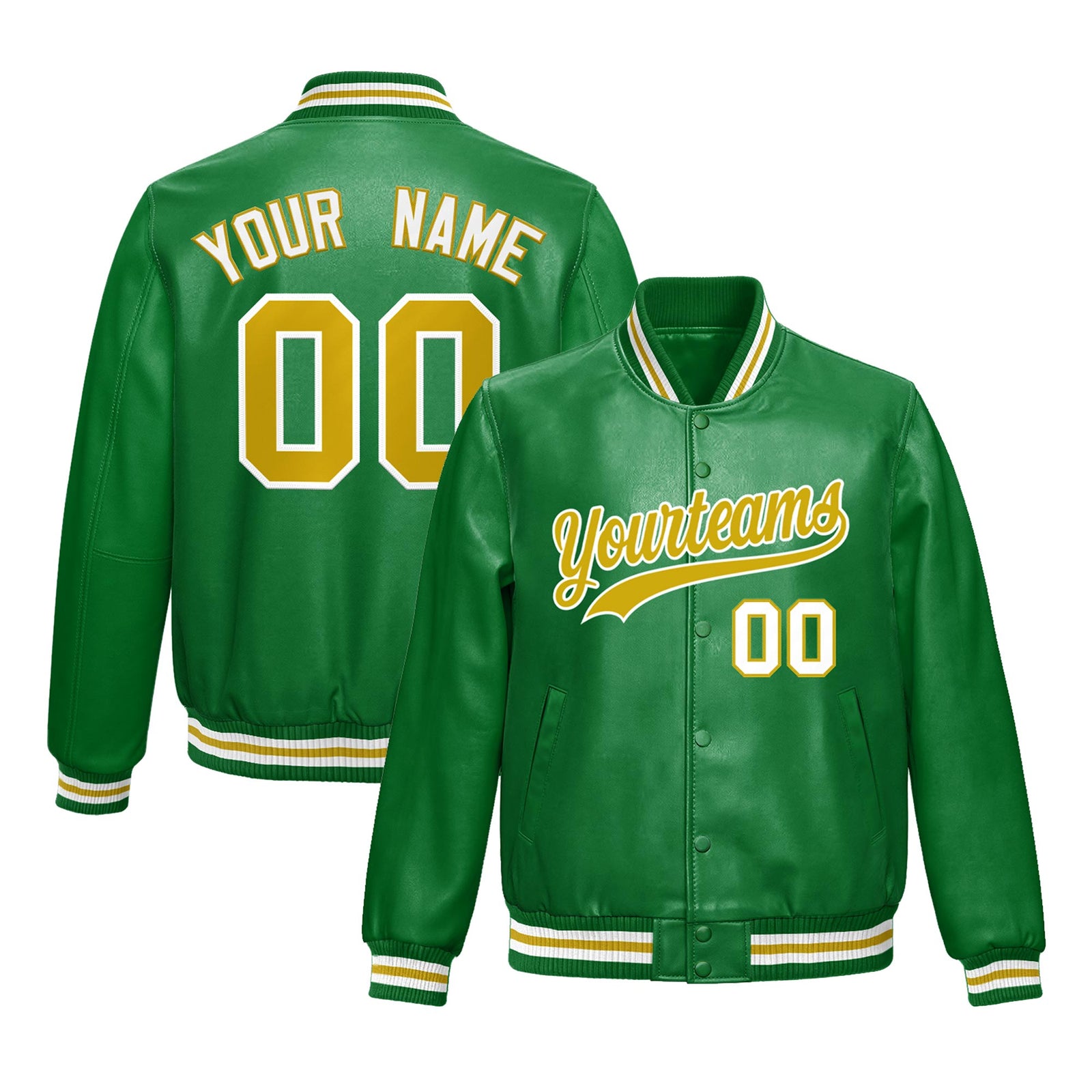 Custom Kelly Green Old Gold Full-Snap Varsity Faux Leather Letterman Jacket| KXKSHOP