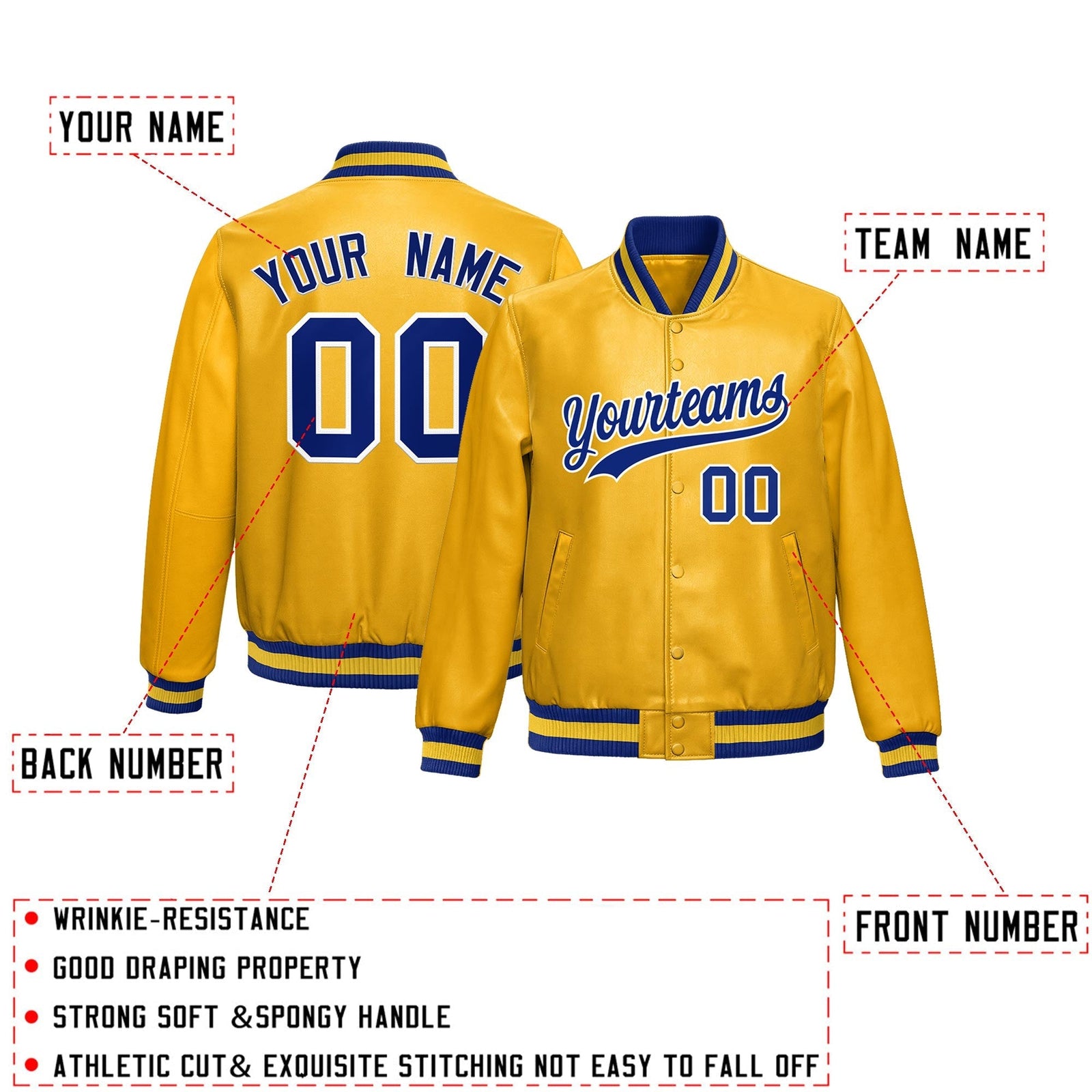 Custom Yellow Royal Blue Full-Snap Varsity Faux Leather Letterman Jacket| KXKSHOP