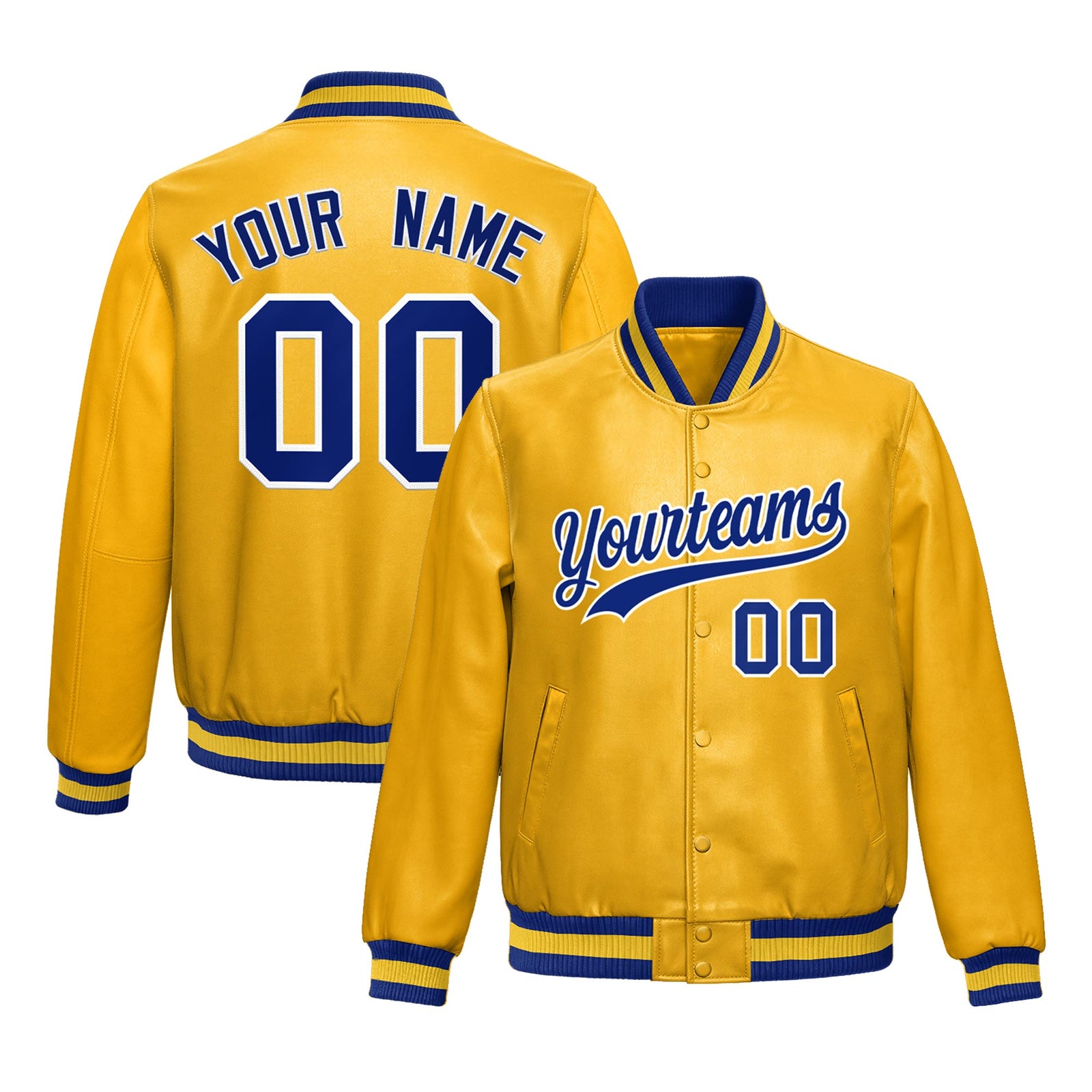 Custom Yellow Royal Blue Full-Snap Varsity Faux Leather Letterman Jacket| KXKSHOP