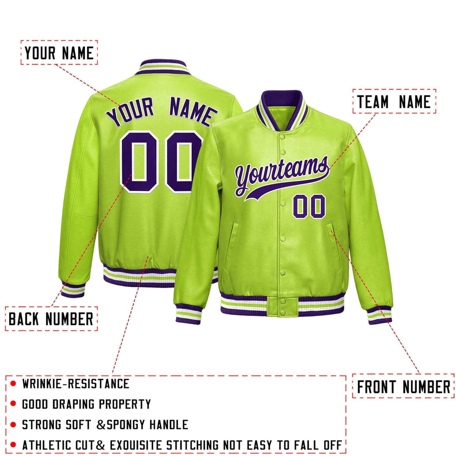 Custom Neon Green Purple Full-Snap Varsity Faux Leather Letterman Jacket| KXKSHOP