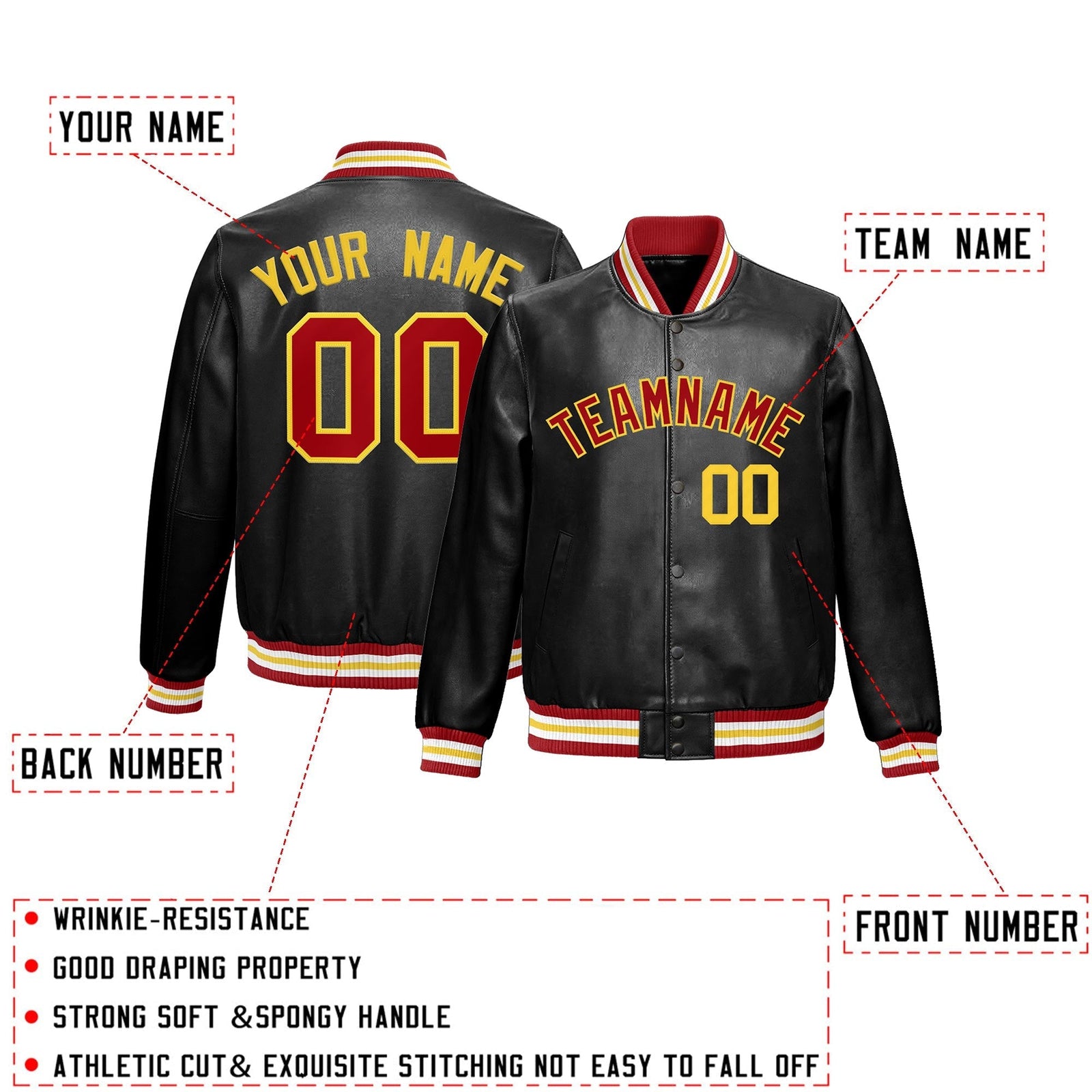 Custom Black Red Gold Full-Snap Varsity Faux Leather Letterman Jacket| KXKSHOP