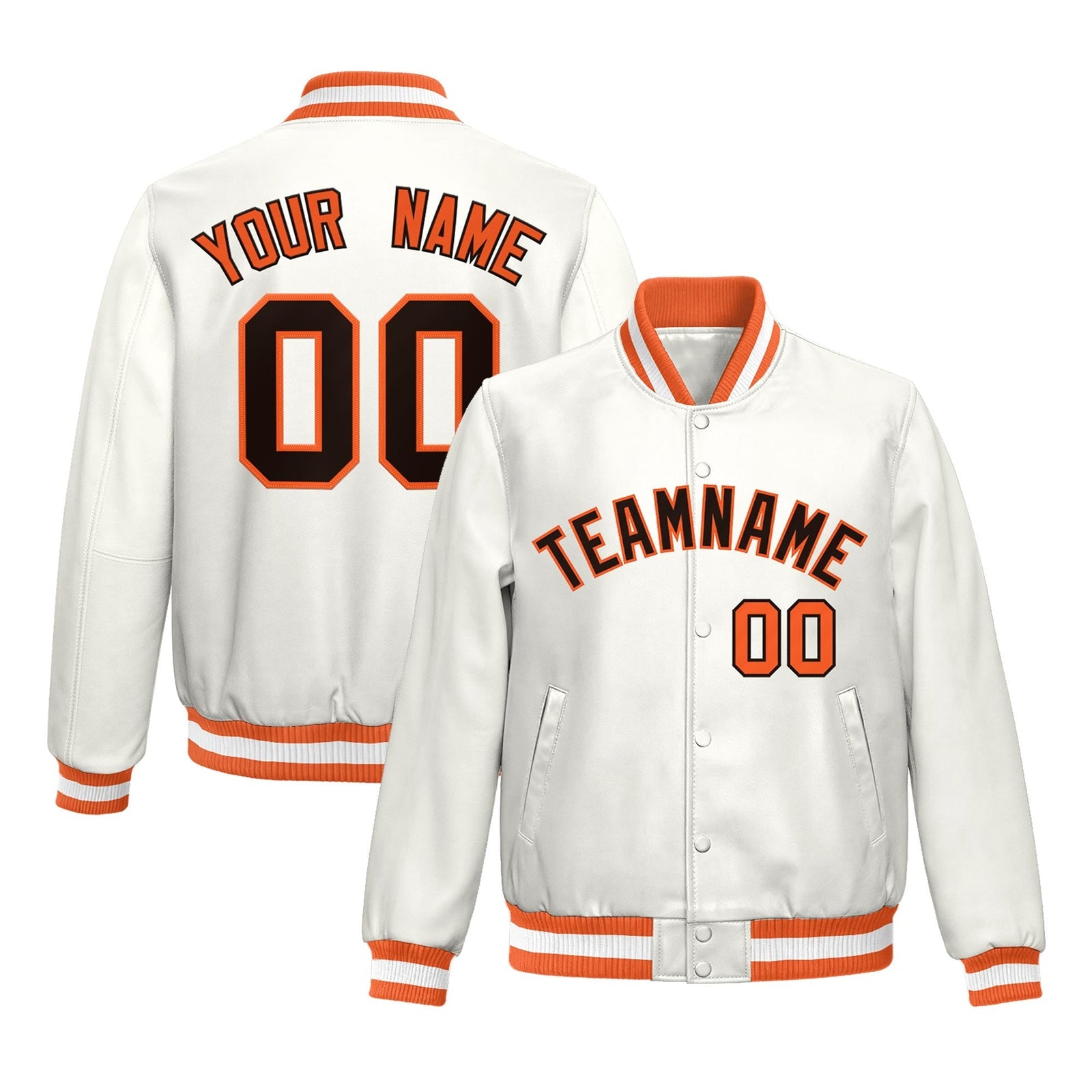 Custom Orange White Full-Snap Varsity Faux Leather Letterman Jacket| KXKSHOP