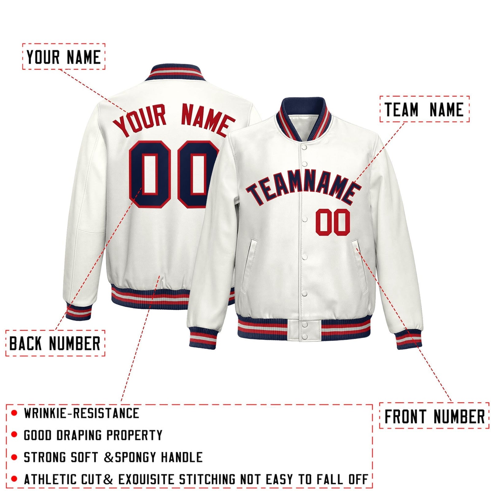 Custom White Navy Red Full-Snap Varsity Faux Leather Letterman Jacket| KXKSHOP