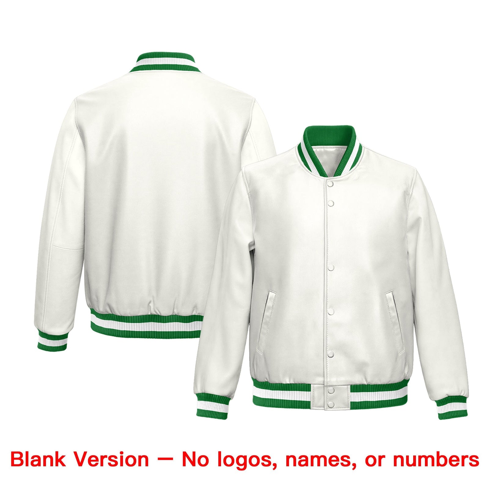 Custom White Kelly Green Pink Full-Snap Varsity Faux Leather Letterman Jacket| KXKSHOP