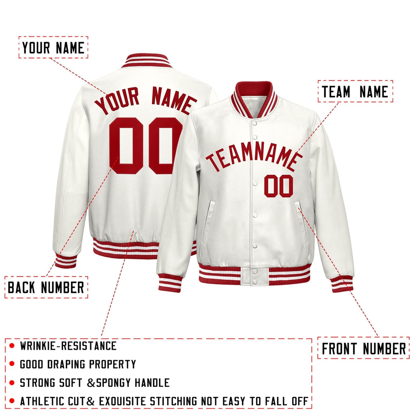 Custom White Red Full-Snap Varsity Faux Leather Letterman Jacket| KXKSHOP