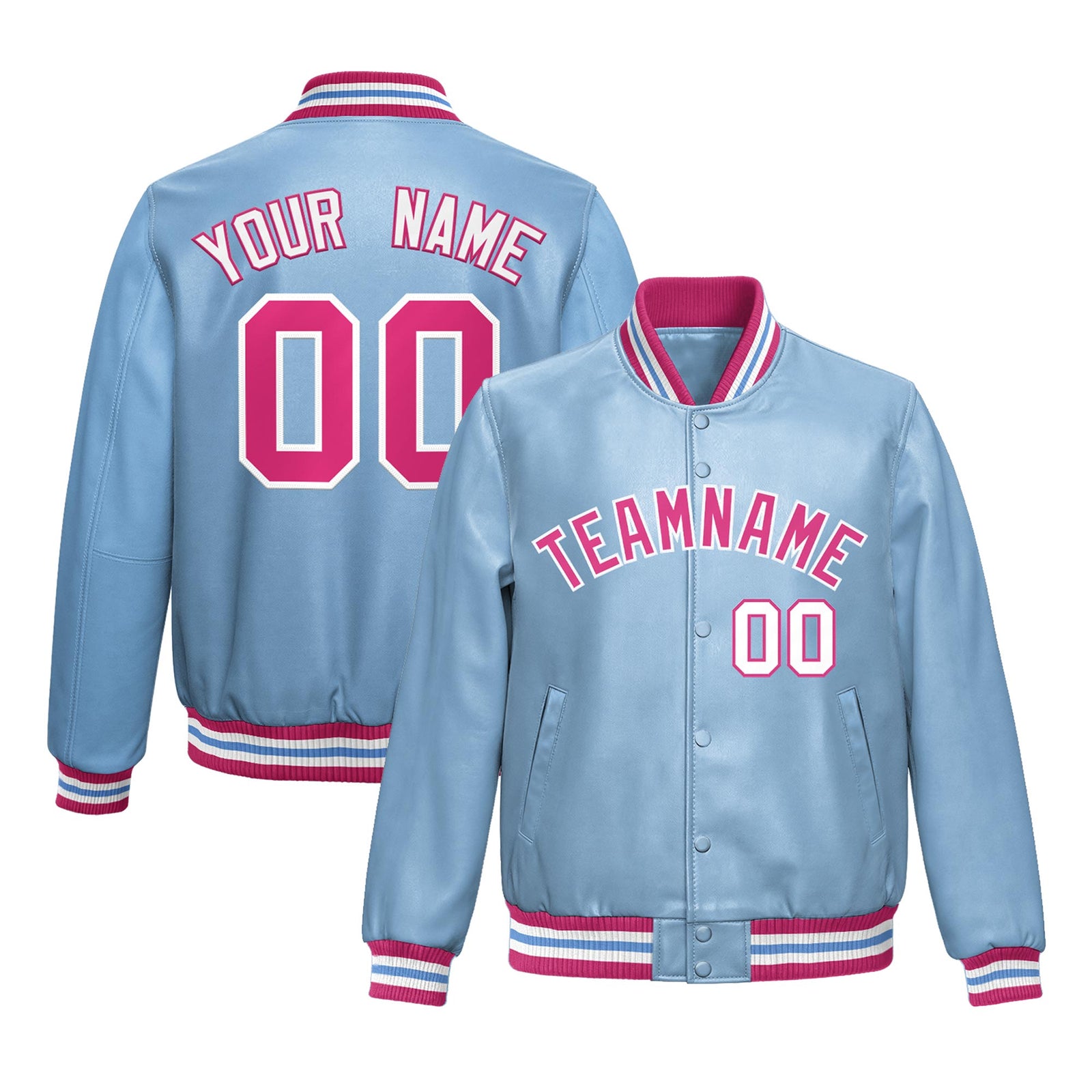 Custom Powder Blue Pink Full-Snap Varsity Faux Leather Letterman Jacket| KXKSHOP