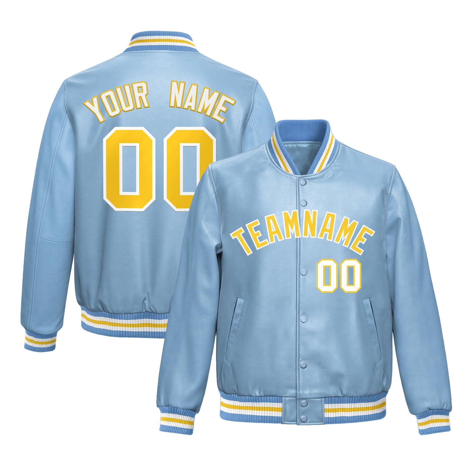 Custom Powder Blue Gold Full-Snap Varsity Faux Leather Letterman Jacket| KXKSHOP