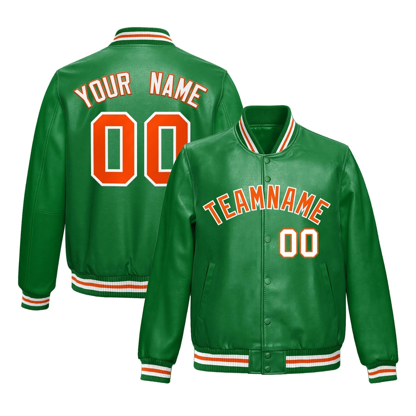 Custom Kelly Green Orange Full-Snap Varsity Faux Leather Letterman Jacket| KXKSHOP