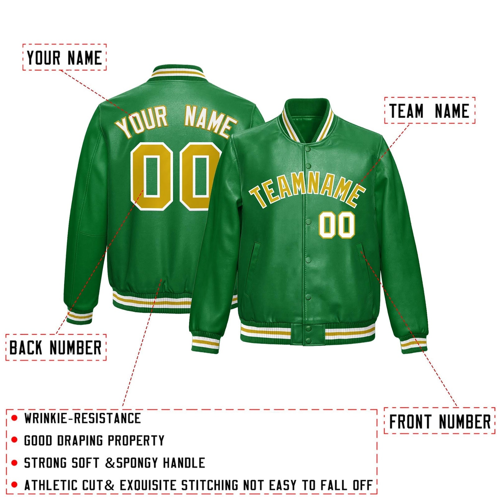Custom Kelly Green Old Gold Full-Snap Varsity Faux Leather Letterman Jacket| KXKSHOP