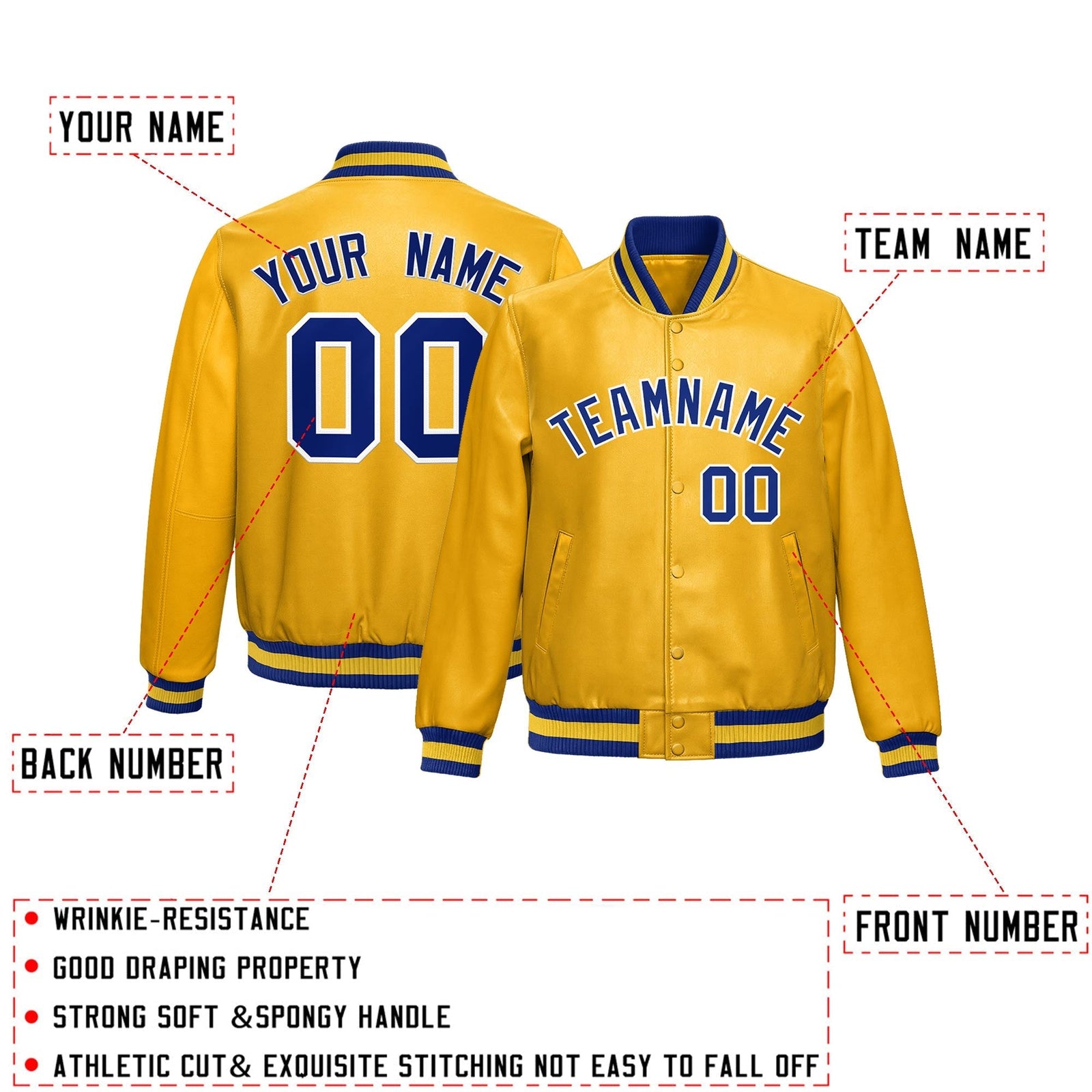 Custom Yellow Royal Blue Full-Snap Varsity Faux Leather Letterman Jacket| KXKSHOP
