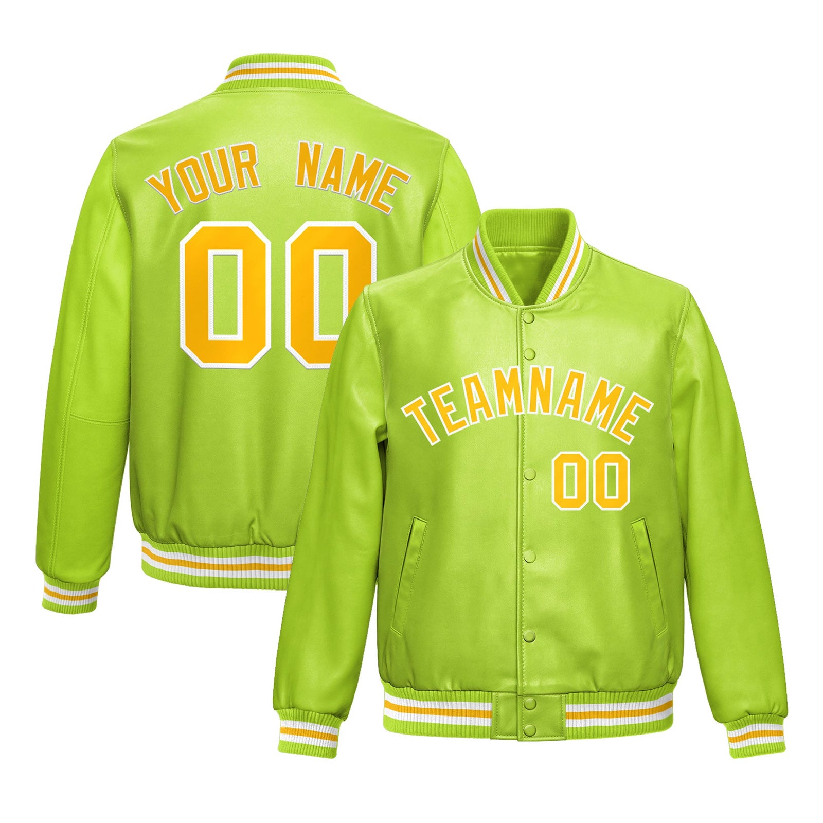 Custom Neon Green Yellow Full-Snap Varsity Faux Leather Letterman Jacket| KXKSHOP
