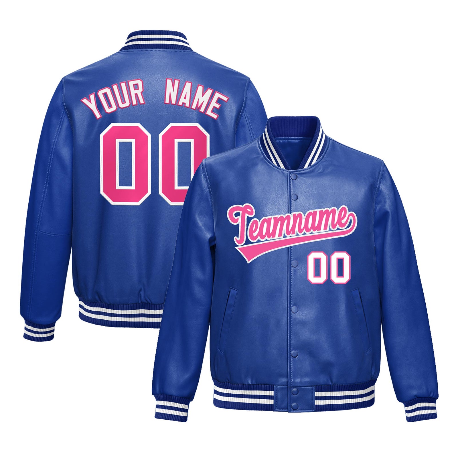 Custom Royal Blue Pink Full-Snap Varsity Faux Leather Letterman Jacket| KXKSHOP