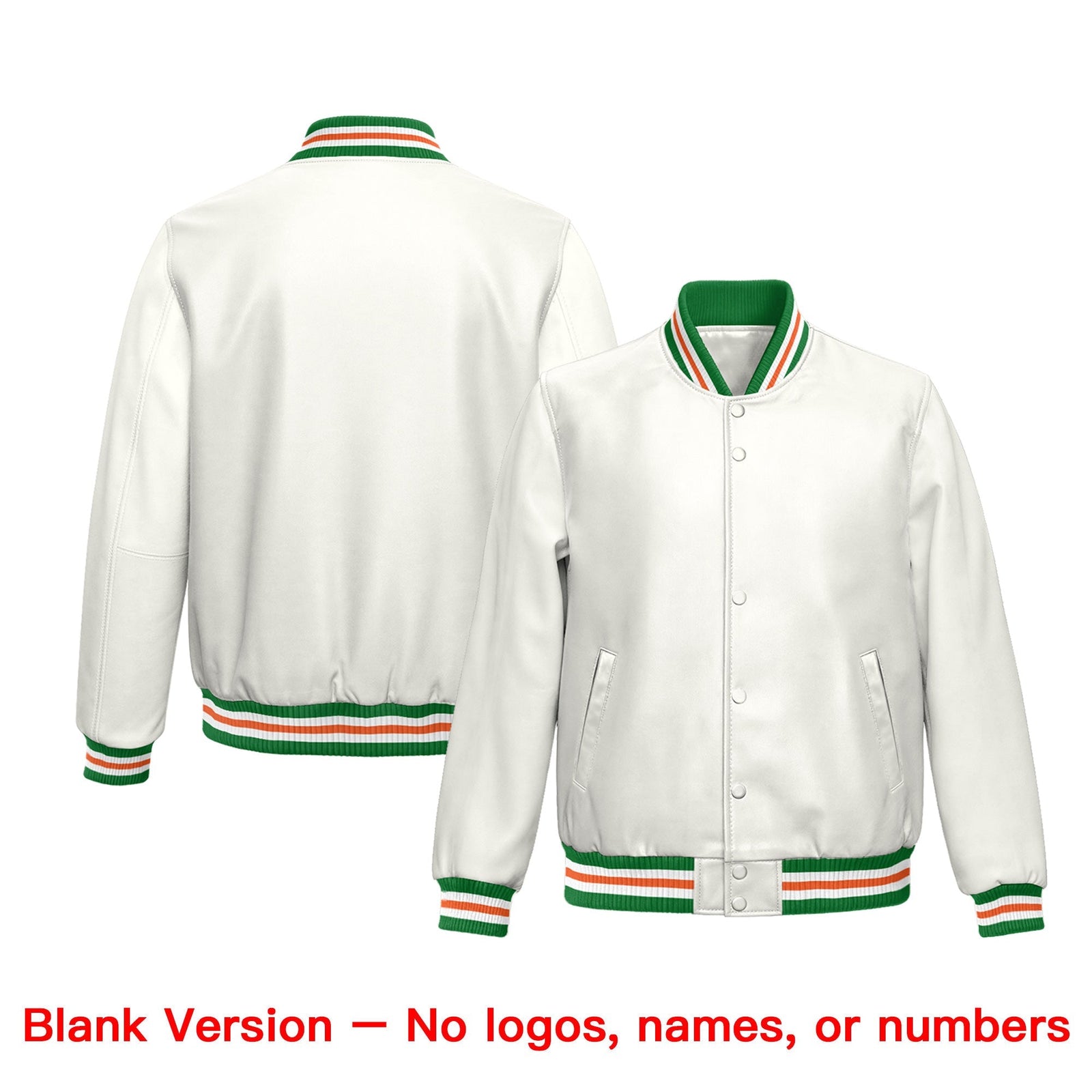 Custom White Kelly Green Orange Full-Snap Varsity Faux Leather Letterman Jacket| KXKSHOP