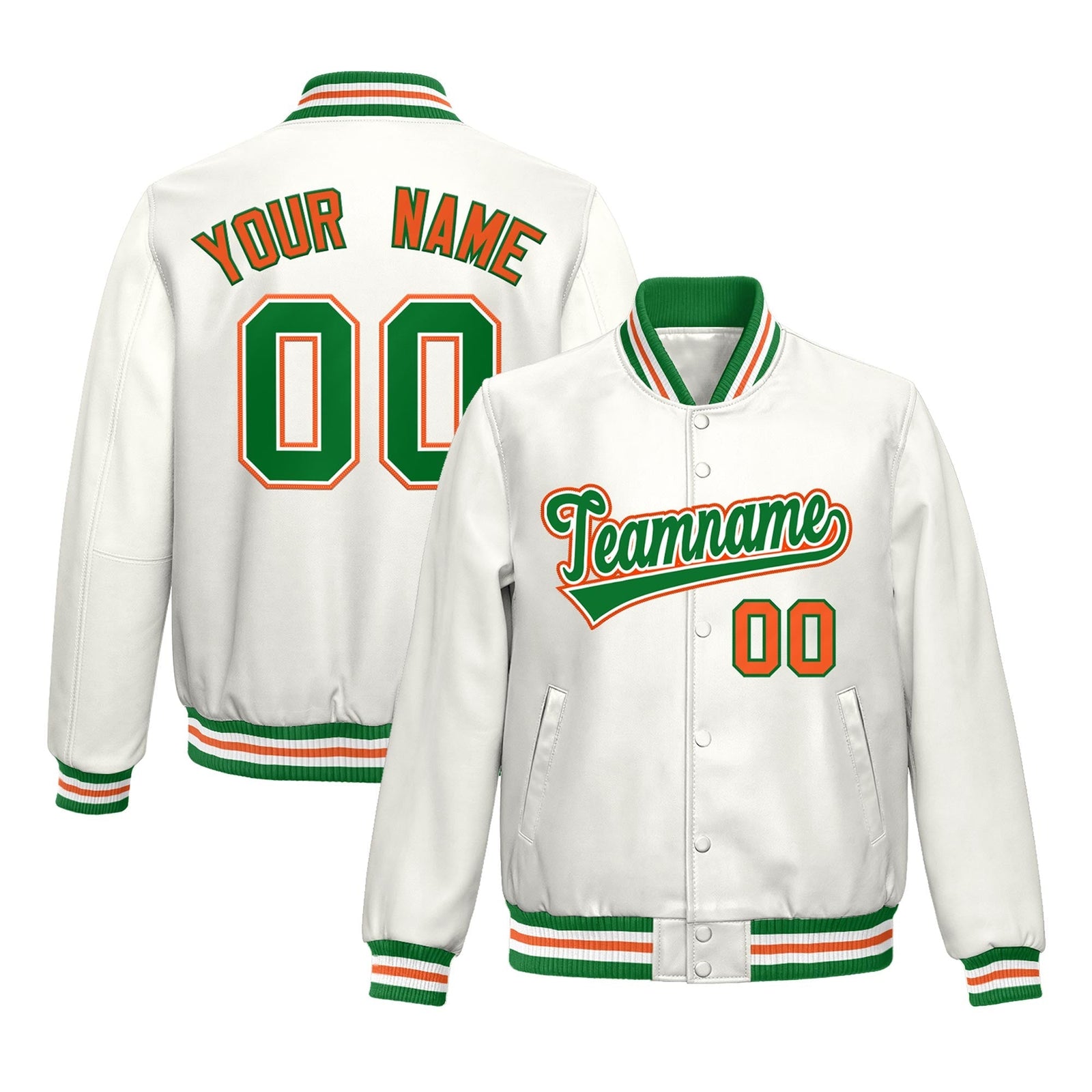 Custom White Kelly Green Orange Full-Snap Varsity Faux Leather Letterman Jacket| KXKSHOP