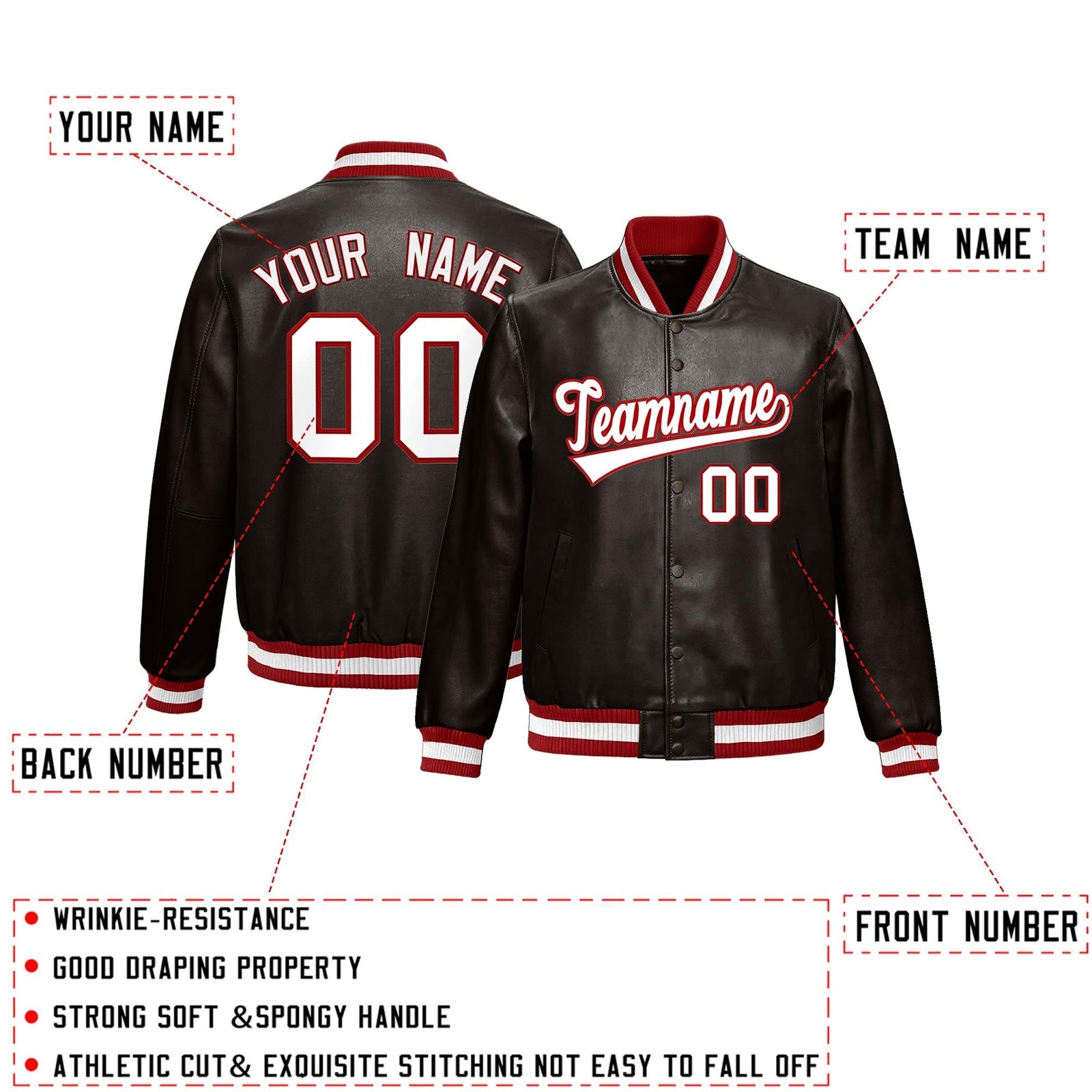 Custom Brown Red Full-Snap Varsity Faux Leather Letterman Jacket| KXKSHOP
