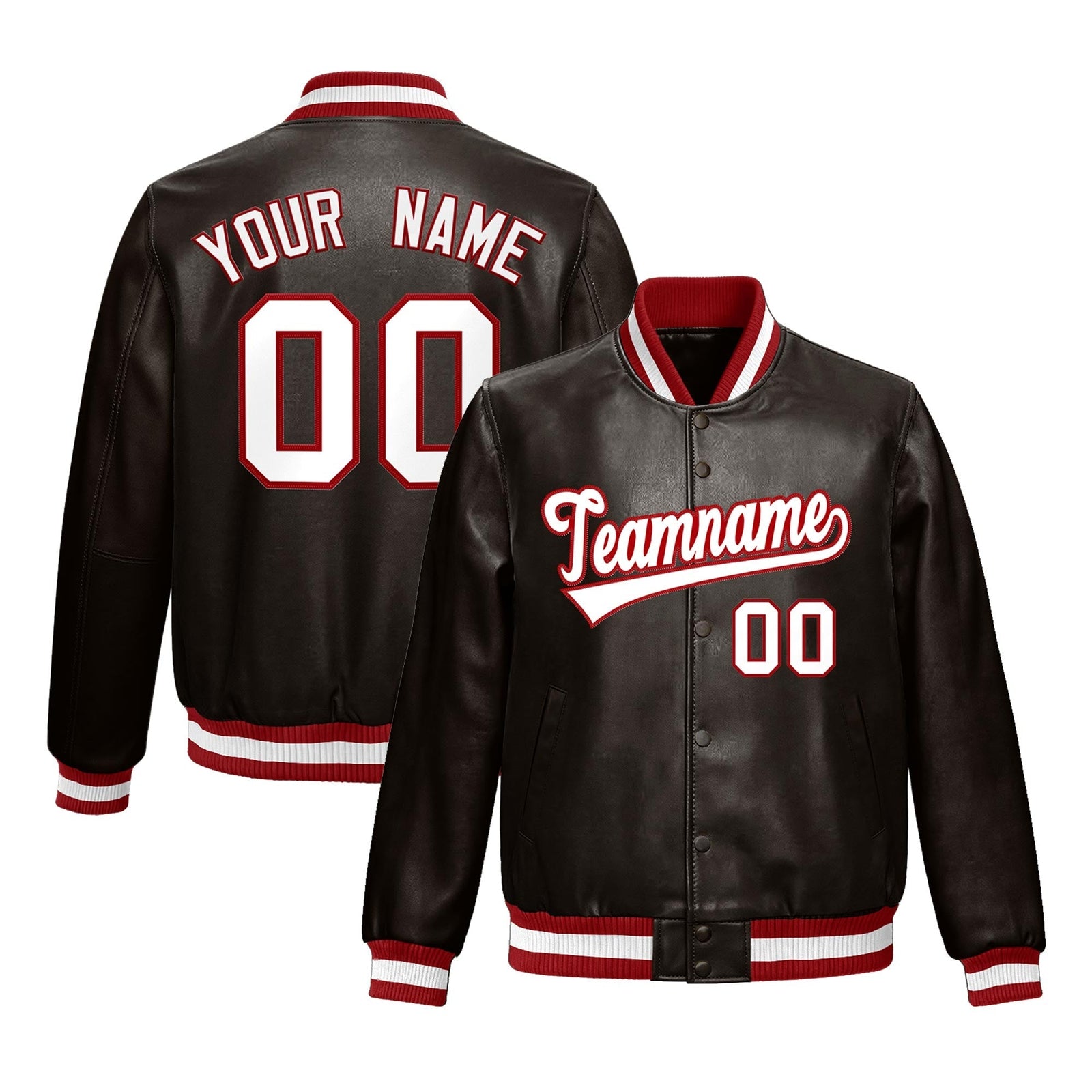 Custom Brown Red Full-Snap Varsity Faux Leather Letterman Jacket| KXKSHOP