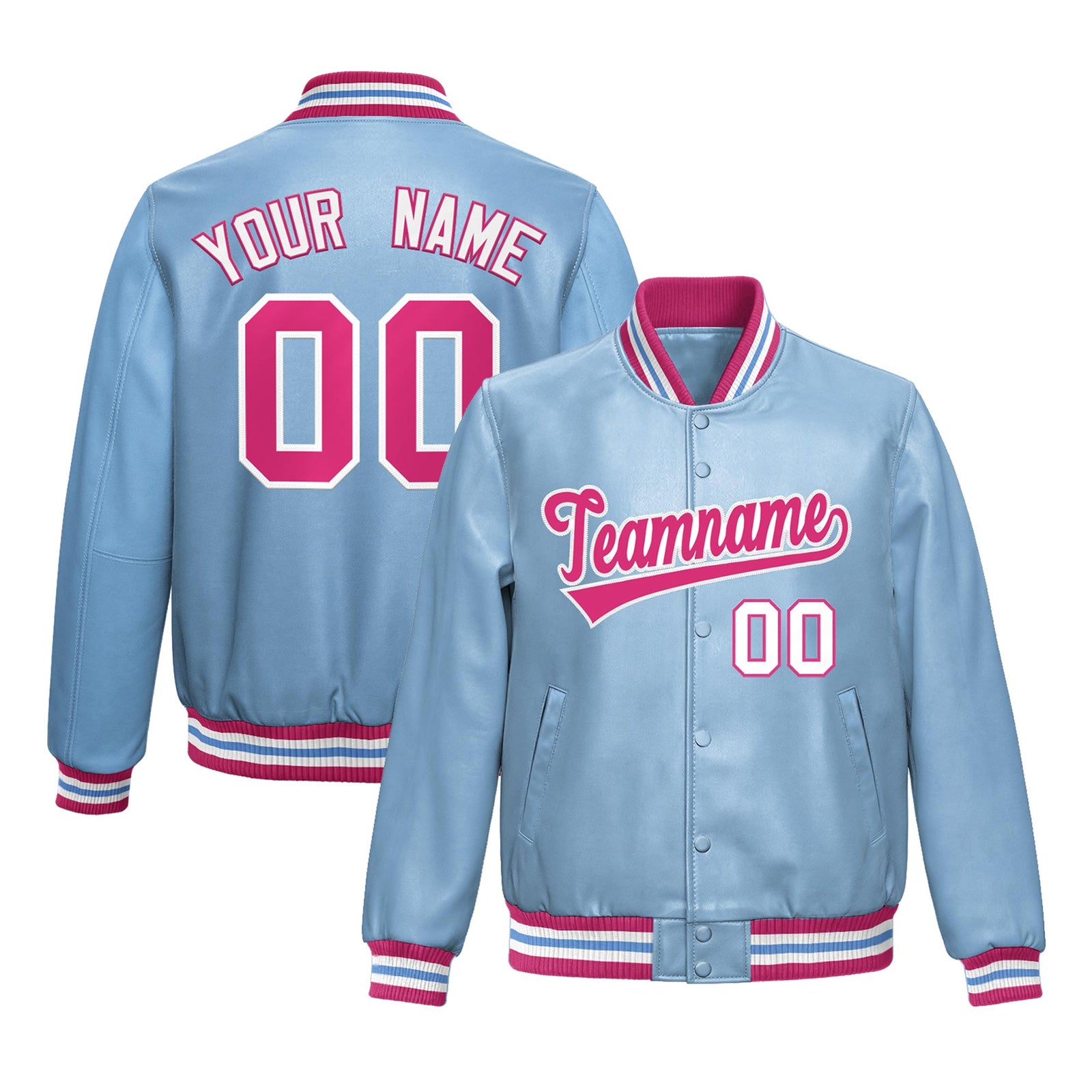 Custom Powder Blue Pink Full-Snap Varsity Faux Leather Letterman Jacket| KXKSHOP