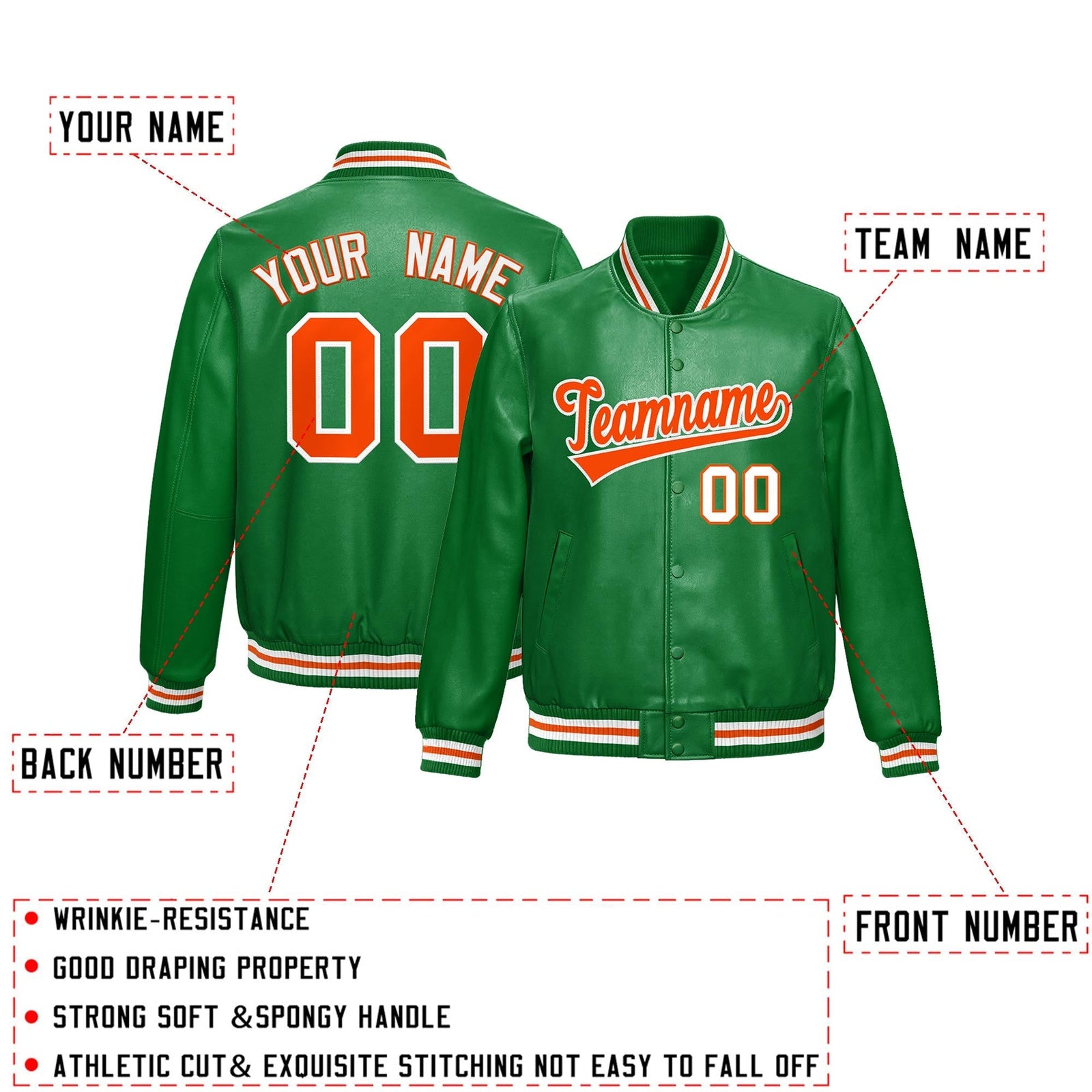 Custom Kelly Green Orange Full-Snap Varsity Faux Leather Letterman Jacket| KXKSHOP