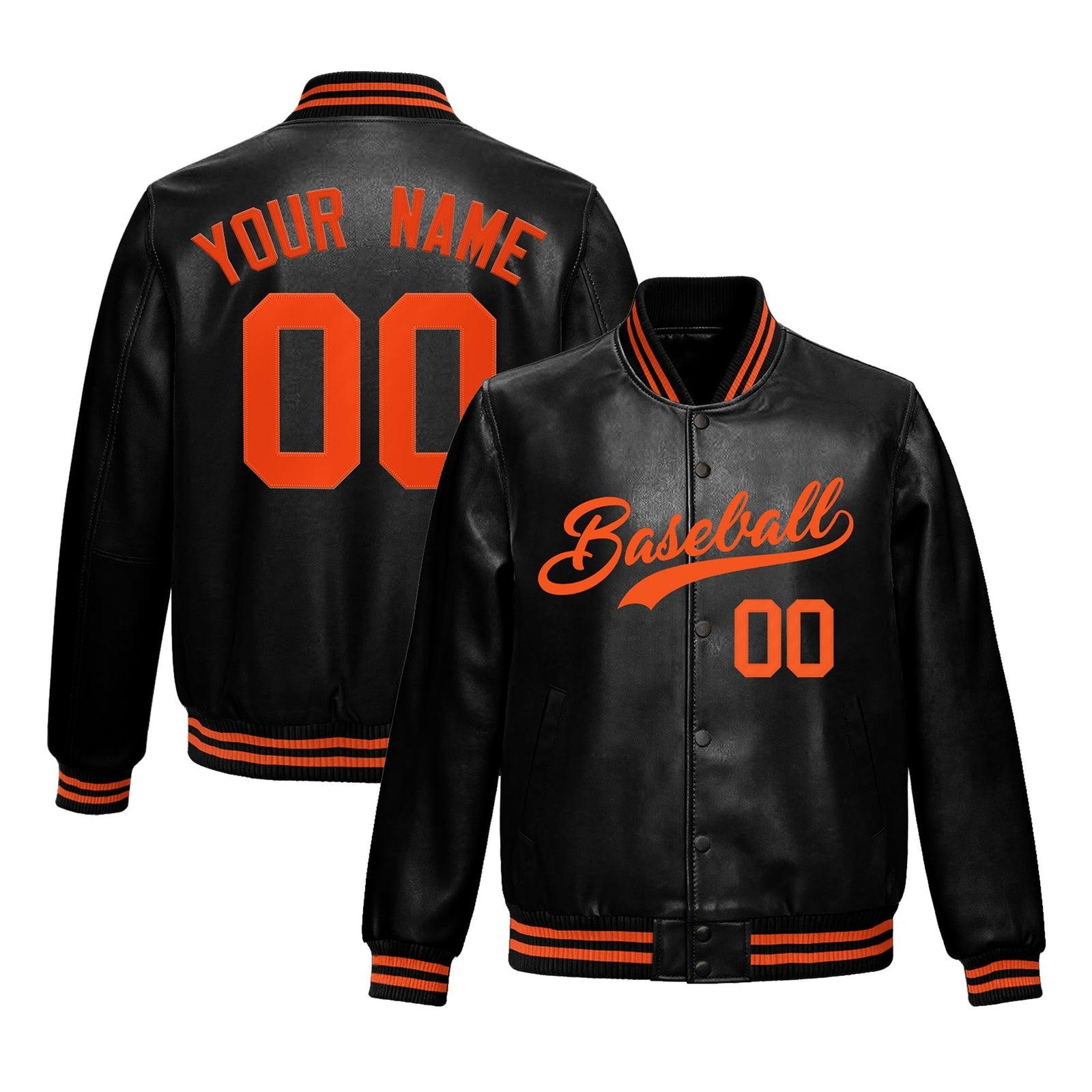 Custom Black Orange Full-Snap Varsity Faux Leather Letterman Jacket| KXKSHOP
