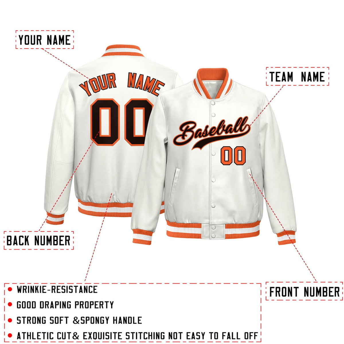 Custom Orange White Full-Snap Varsity Faux Leather Letterman Jacket| KXKSHOP