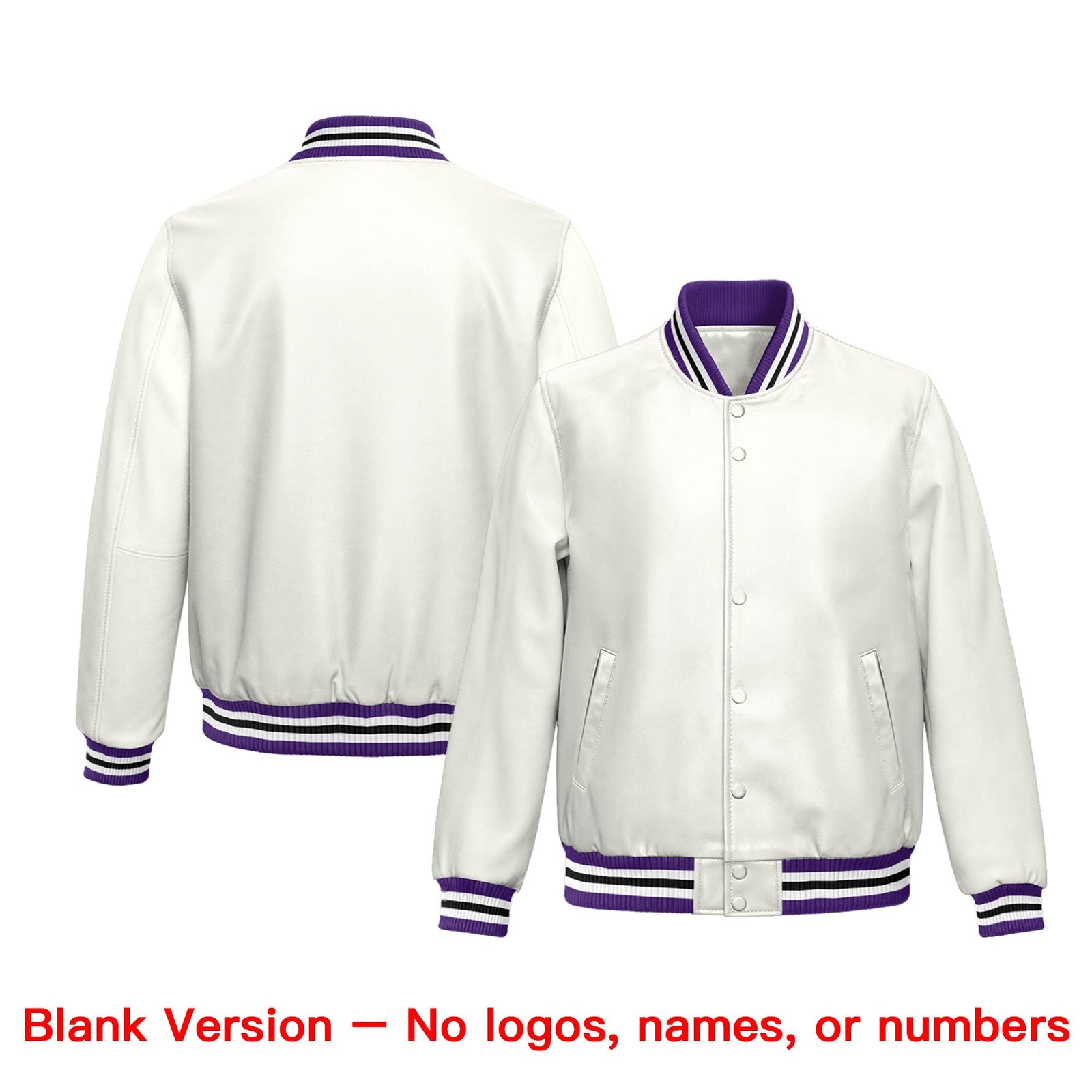 Custom White Purple Full-Snap Varsity Faux Leather Letterman Jacket| KXKSHOP