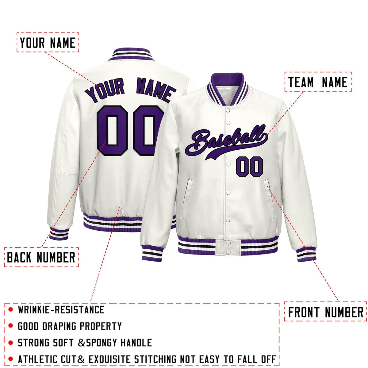 Custom White Purple Full-Snap Varsity Faux Leather Letterman Jacket| KXKSHOP