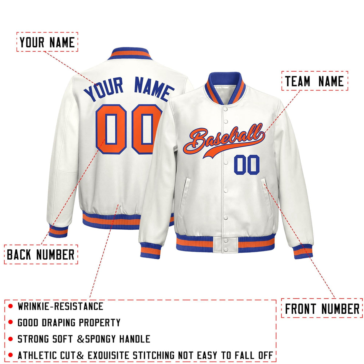 Custom White Royal Blue Orange Full-Snap Varsity Faux Leather Letterman Jacket| KXKSHOP