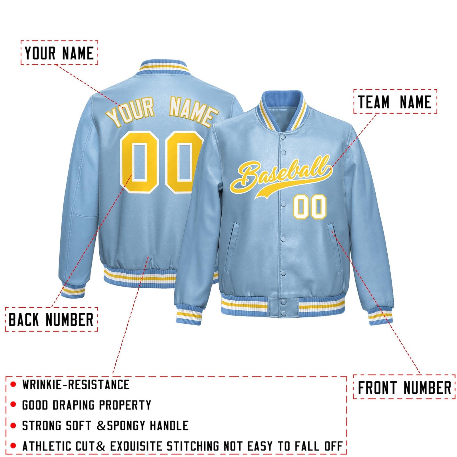 Custom Powder Blue Gold Full-Snap Varsity Faux Leather Letterman Jacket| KXKSHOP