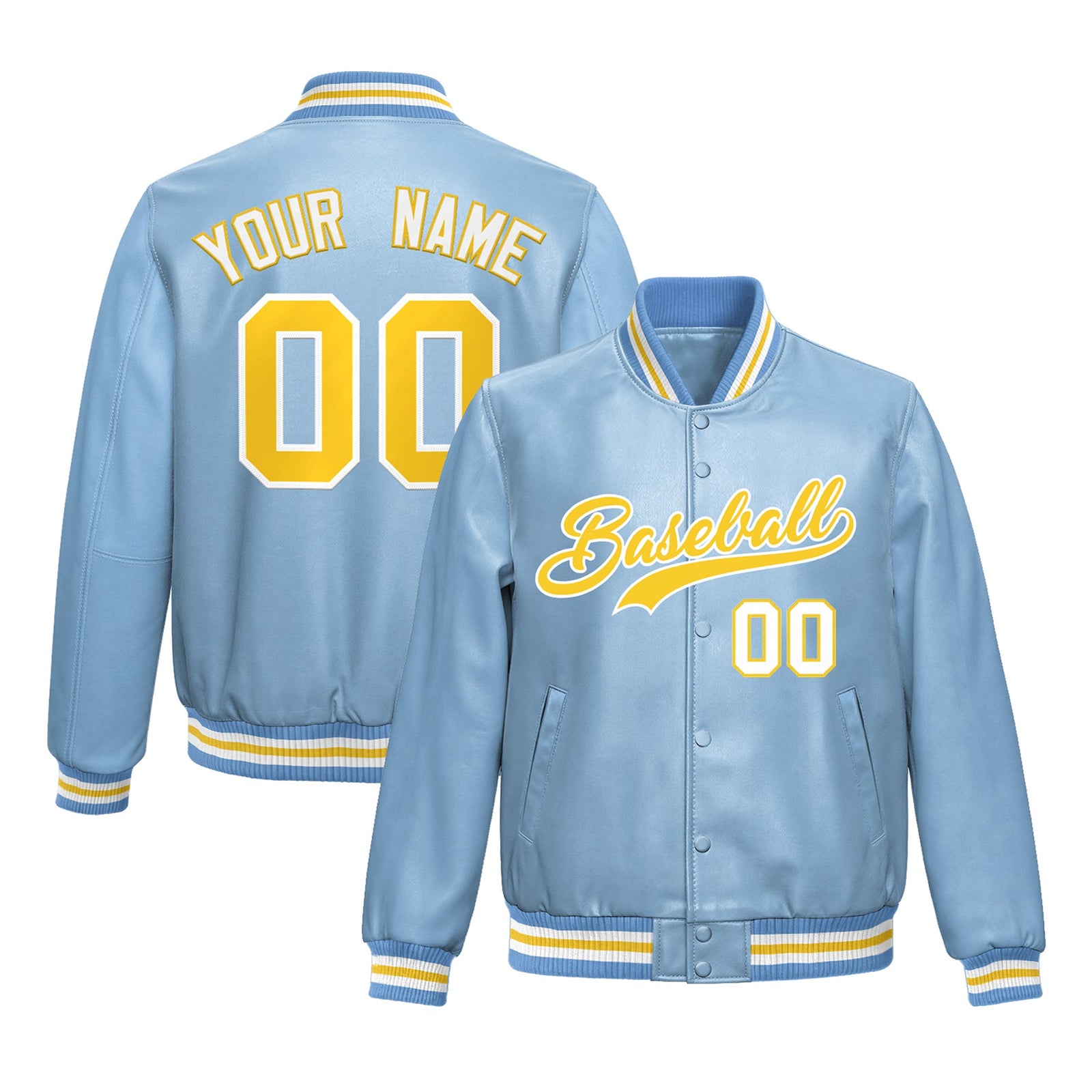 Custom Powder Blue Gold Full-Snap Varsity Faux Leather Letterman Jacket| KXKSHOP