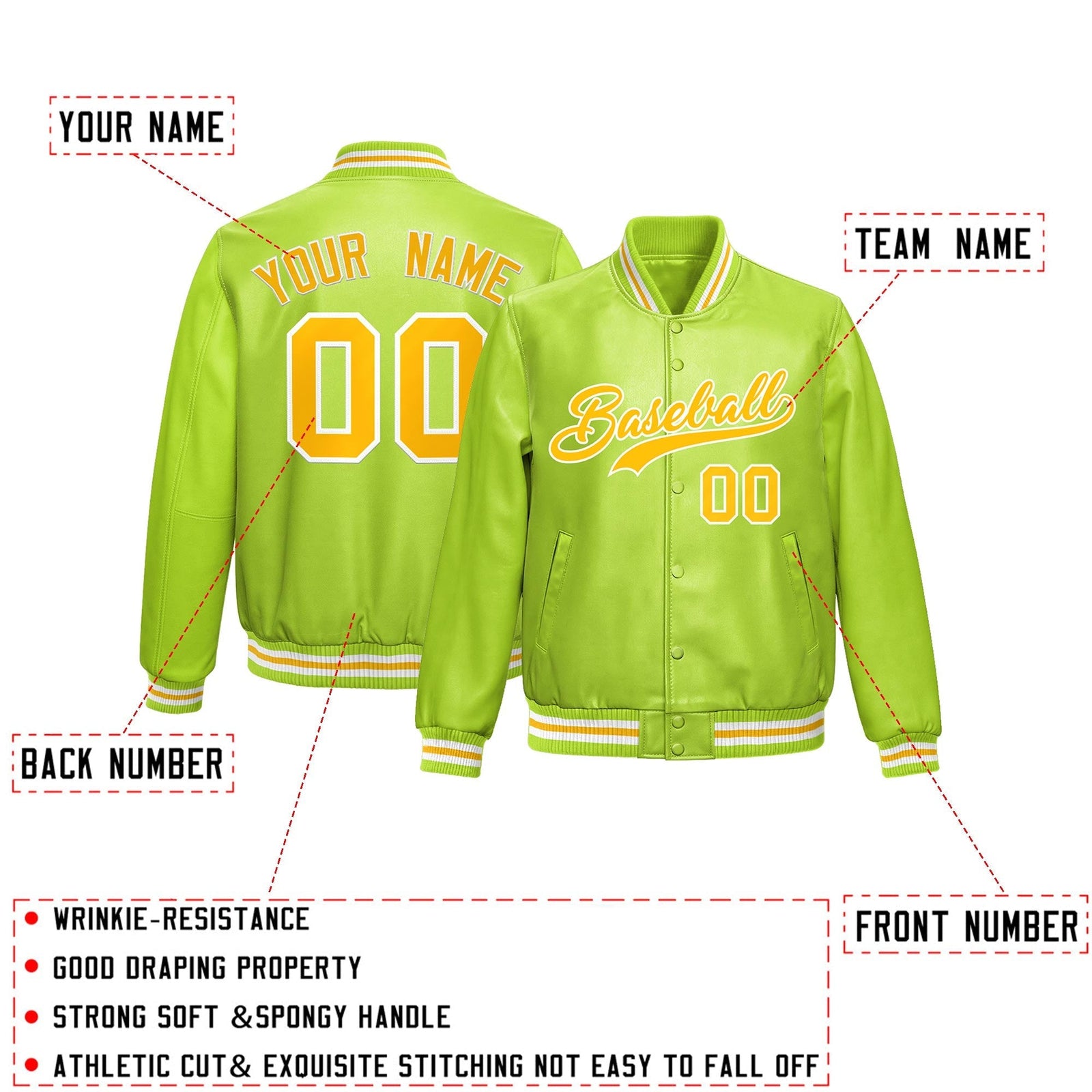 Custom Neon Green Yellow Full-Snap Varsity Faux Leather Letterman Jacket| KXKSHOP