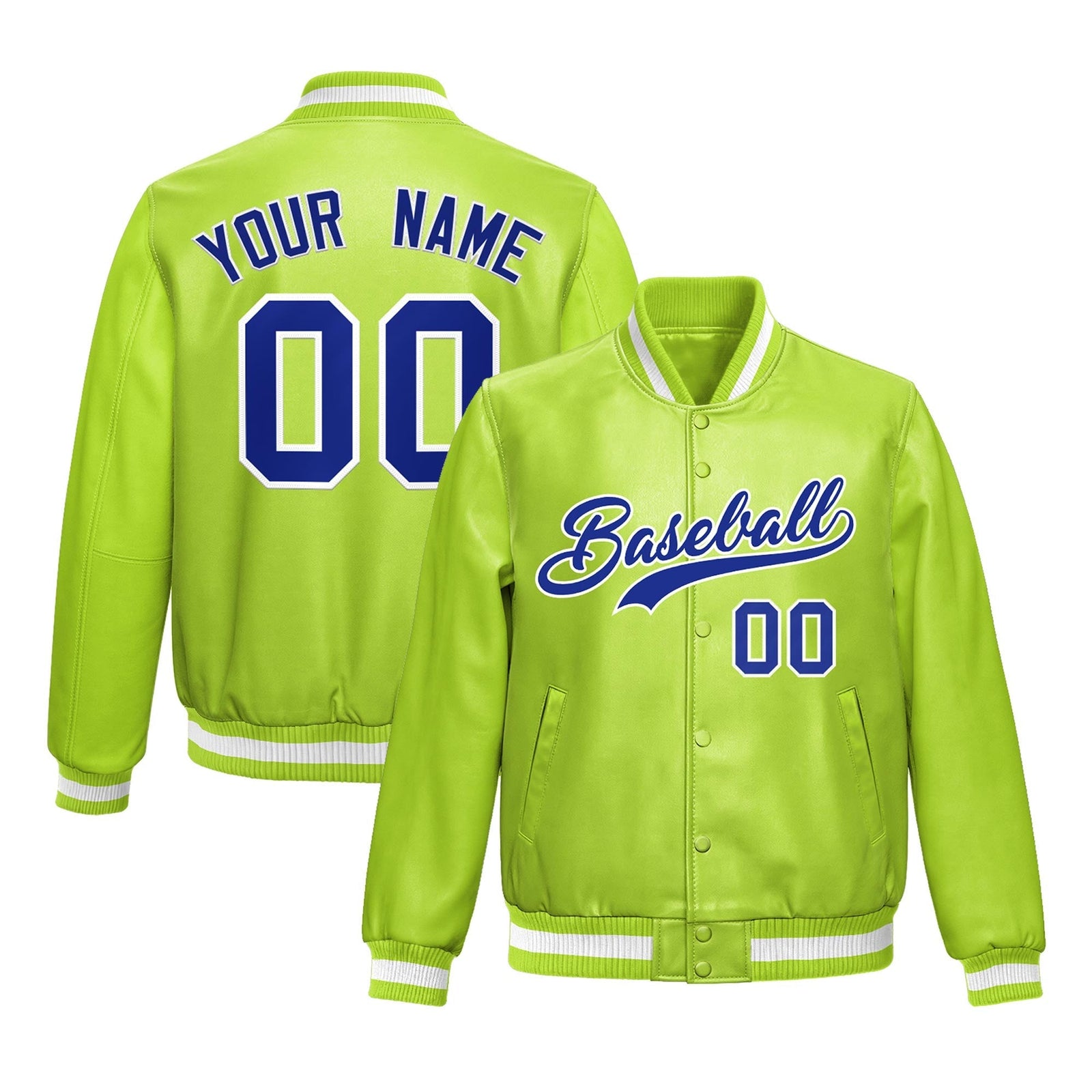 Custom Neon Green Royal Blue Full-Snap Varsity Faux Leather Letterman Jacket| KXKSHOP