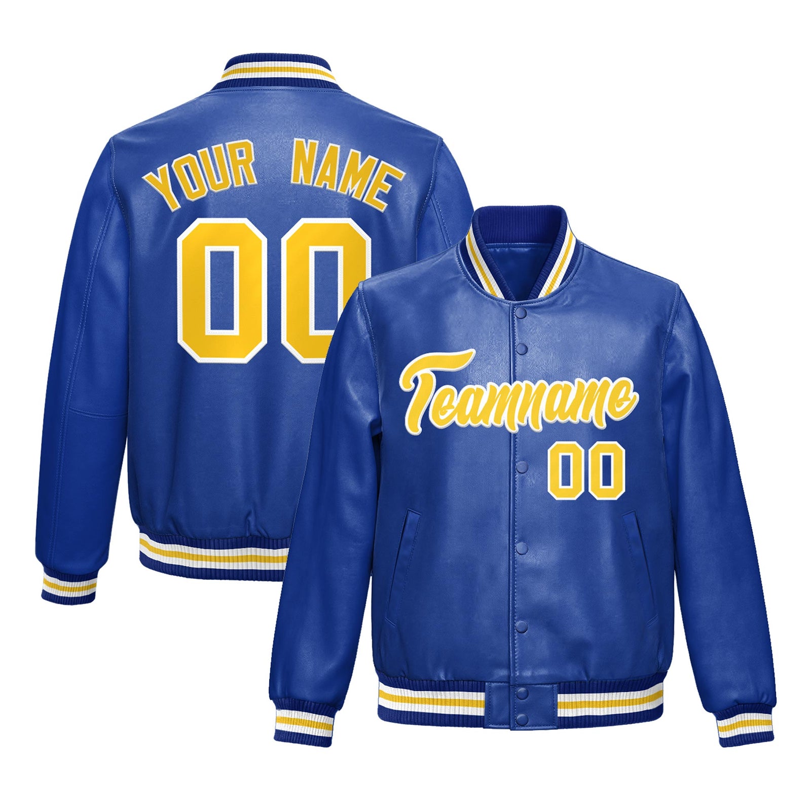 Custom Royal Blue Gold Full-Snap Varsity Faux Leather Letterman Jacket| KXKSHOP