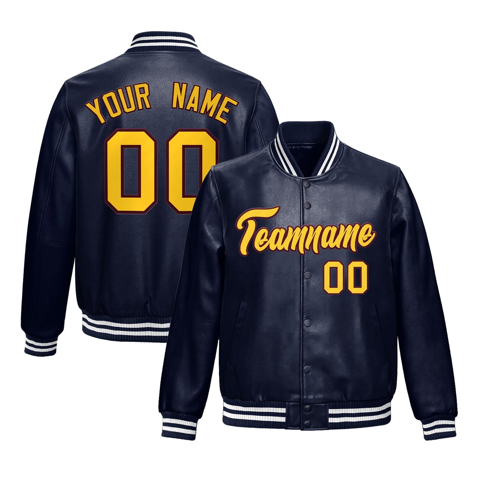 Custom Navy Crimson Gold Full-Snap Varsity Faux Leather Letterman Jacket| KXKSHOP