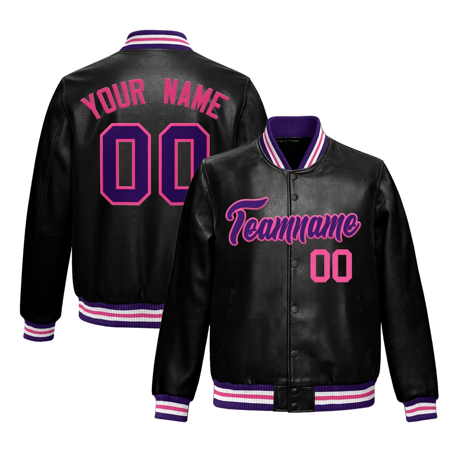 Custom Black Purple Pink Full-Snap Varsity Faux Leather Letterman Jacket| KXKSHOP