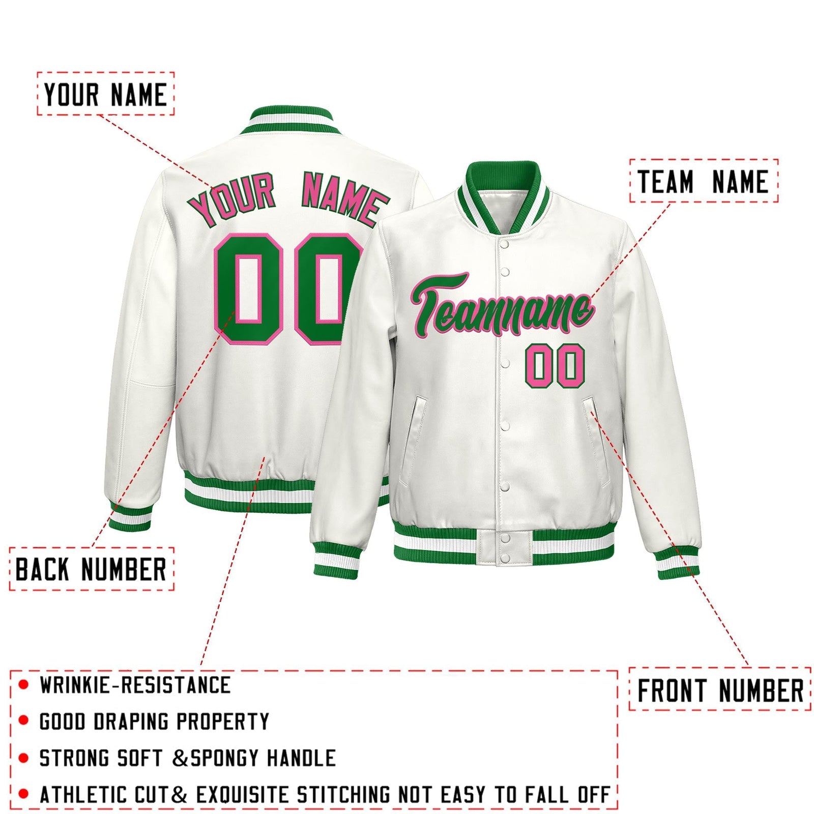 Custom White Kelly Green Pink Full-Snap Varsity Faux Leather Letterman Jacket| KXKSHOP