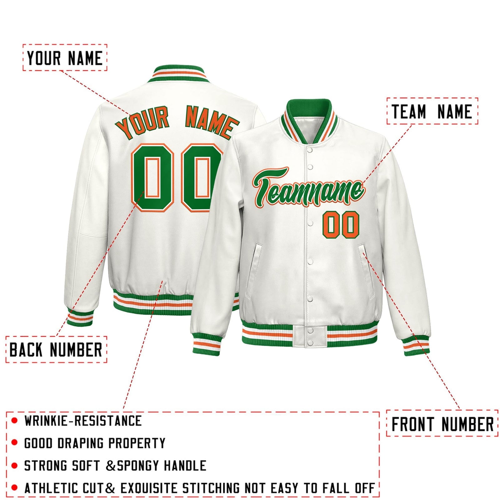 Custom White Kelly Green Orange Full-Snap Varsity Faux Leather Letterman Jacket| KXKSHOP