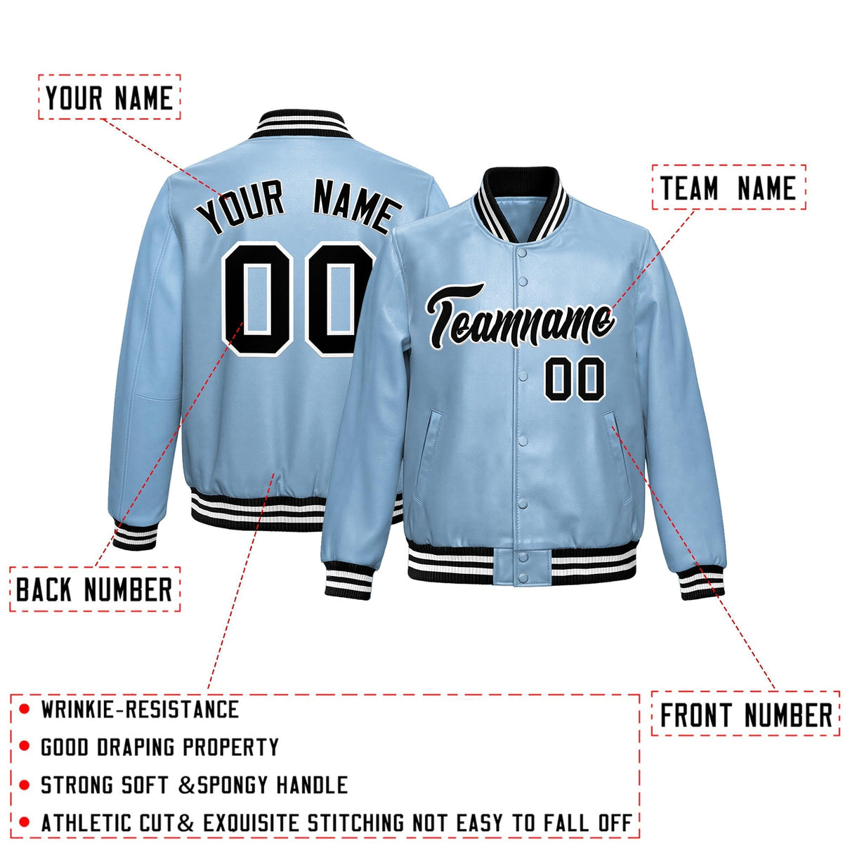 Custom Powder Blue Black Full-Snap Varsity Faux Leather Letterman Jacket| KXKSHOP