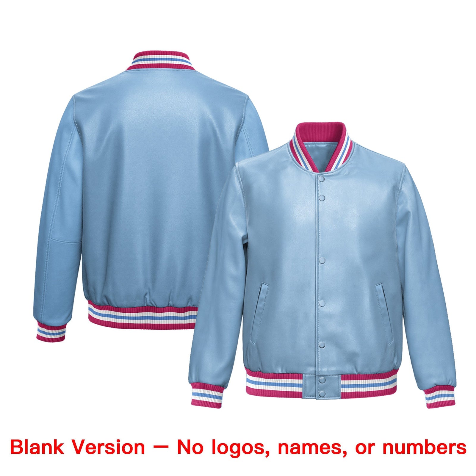Custom Powder Blue Pink Full-Snap Varsity Faux Leather Letterman Jacket| KXKSHOP