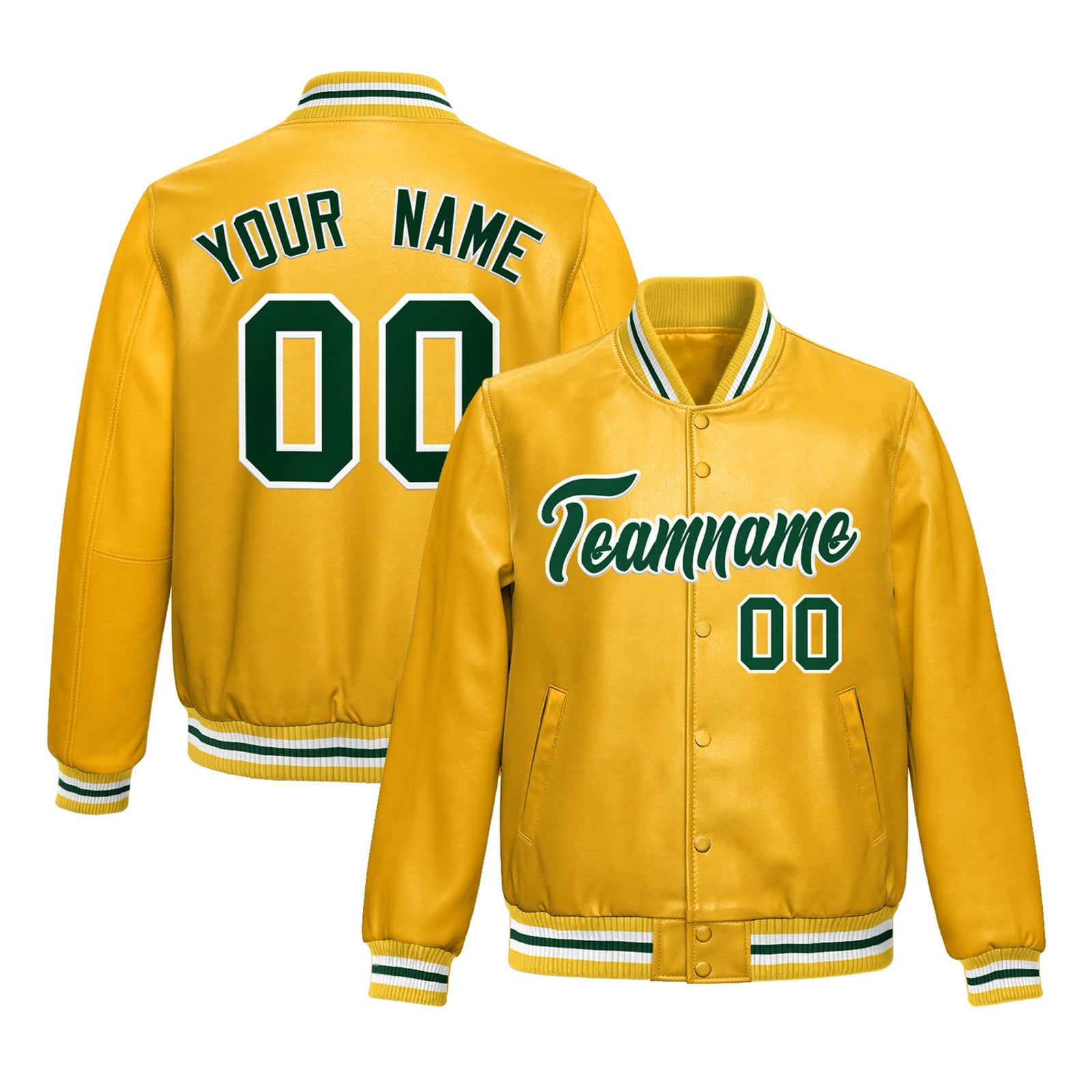 Custom Yellow Dark Green Full-Snap Varsity Faux Leather Letterman Jacket| KXKSHOP