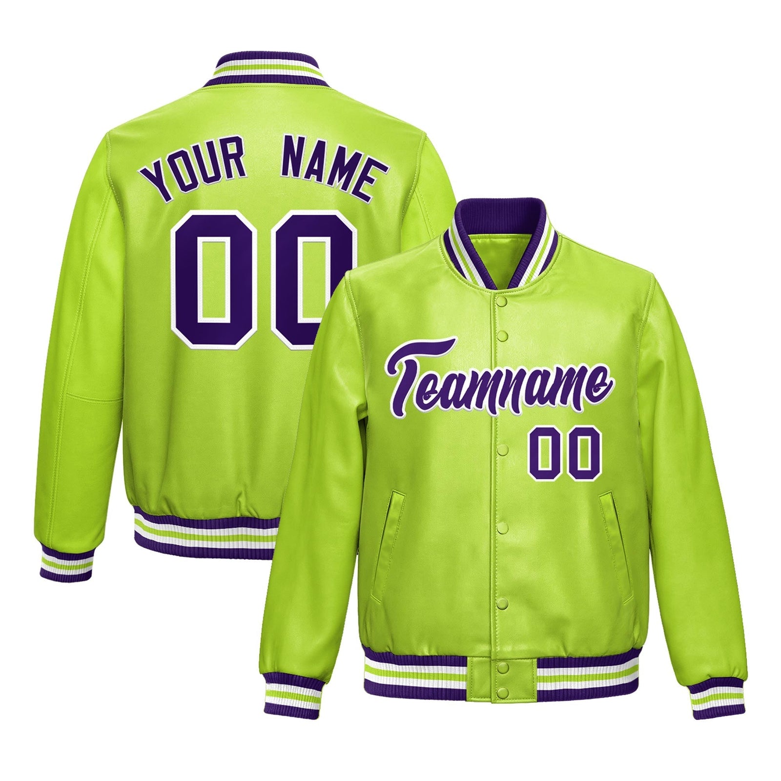 Custom Neon Green Purple Full-Snap Varsity Faux Leather Letterman Jacket| KXKSHOP