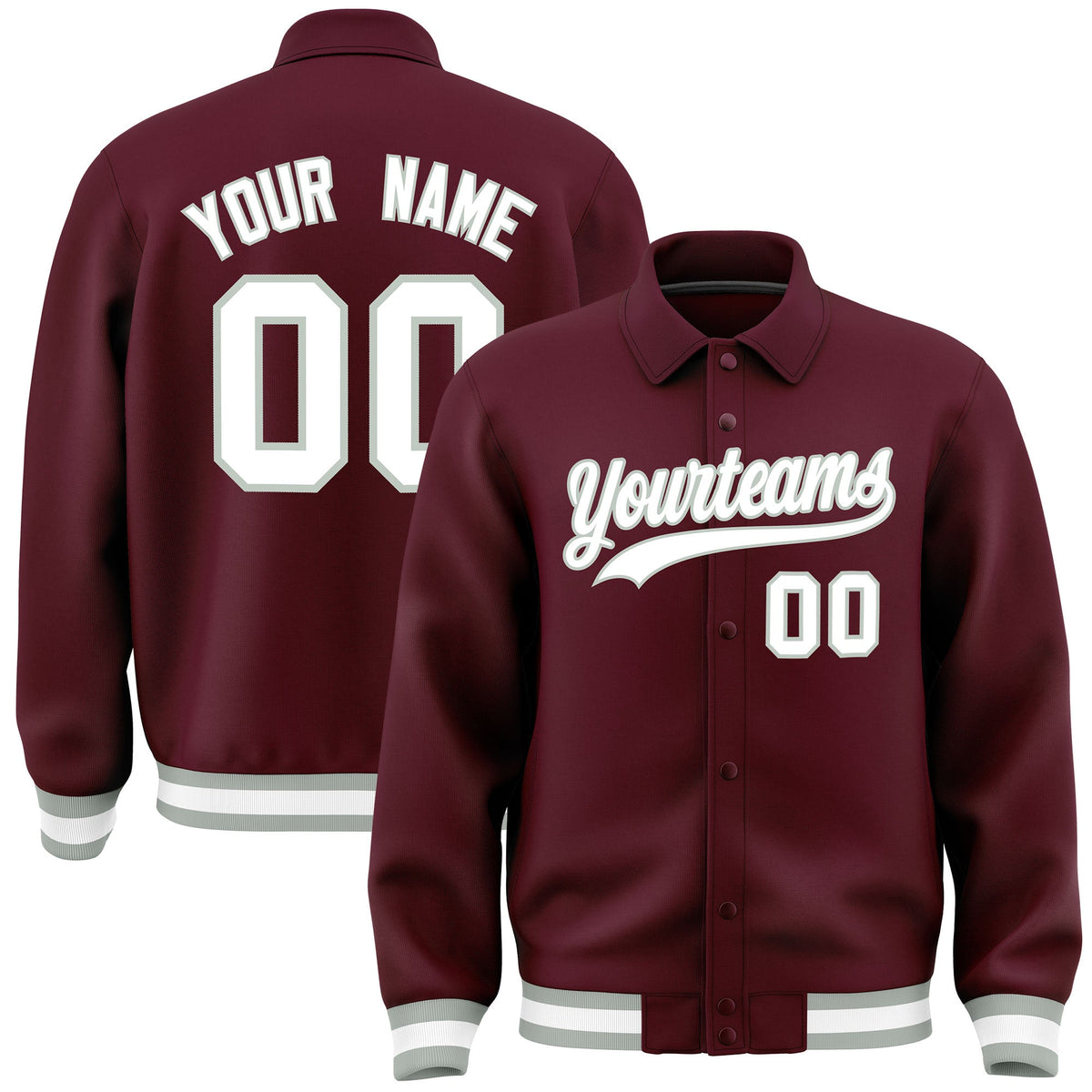 Custom Burgundy, White, Grey collared coach jacket - front and back view - Style 1 | KXKSHOP