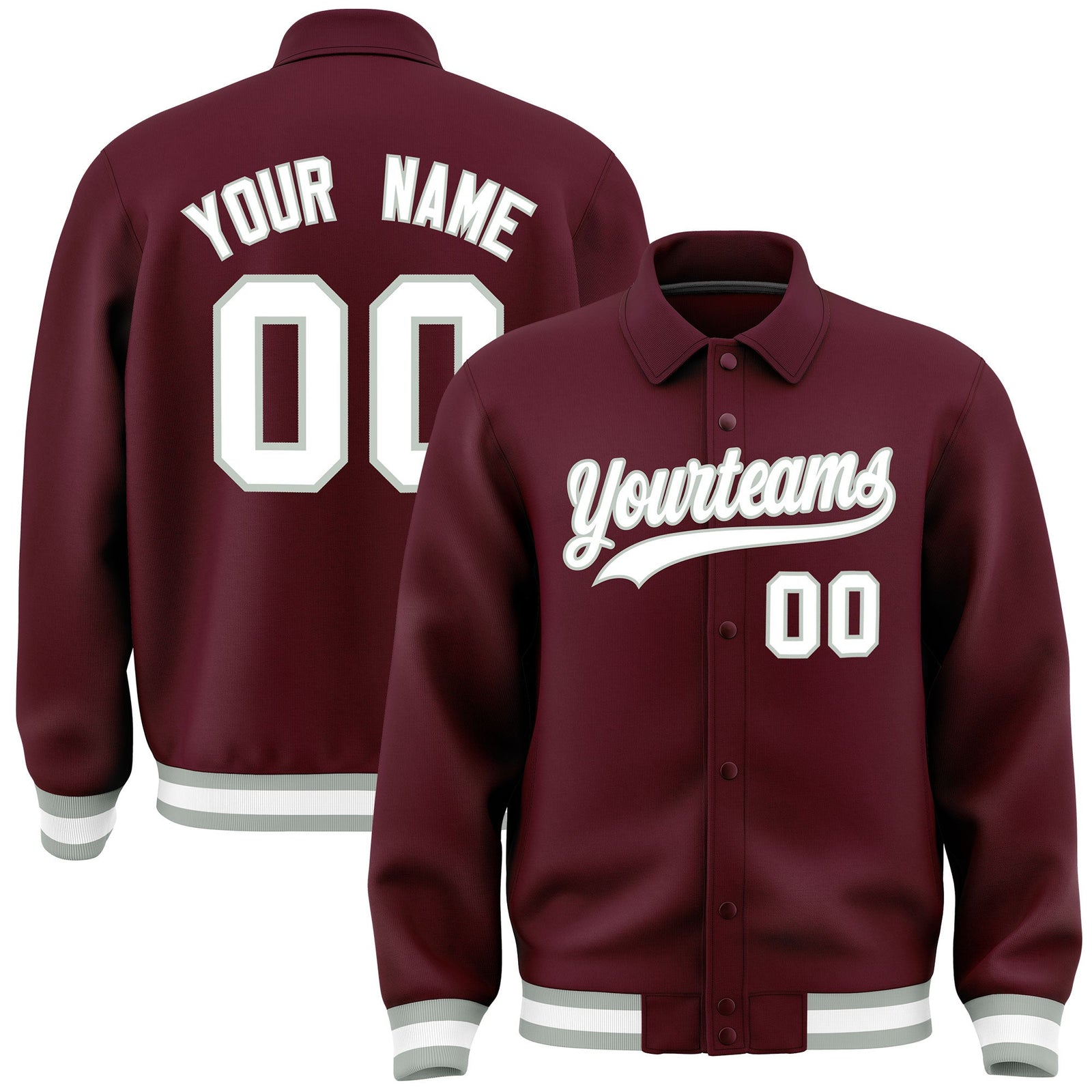 Custom Burgundy, White, Grey collared coach jacket - front and back view - Style 1 | KXKSHOP