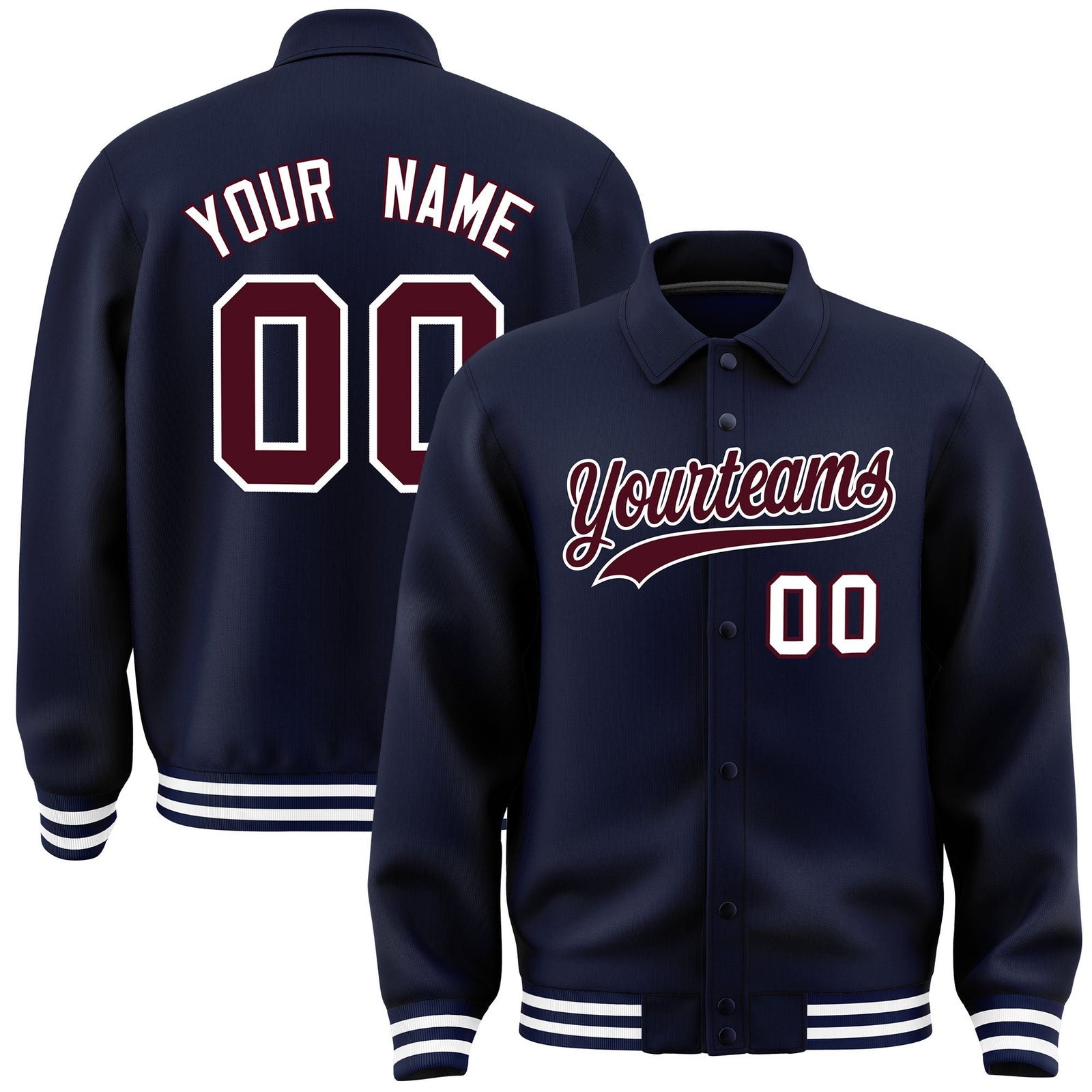 Custom Navy, Crimson, White collared coach jacket - front and back view - Style 1 | KXKSHOP