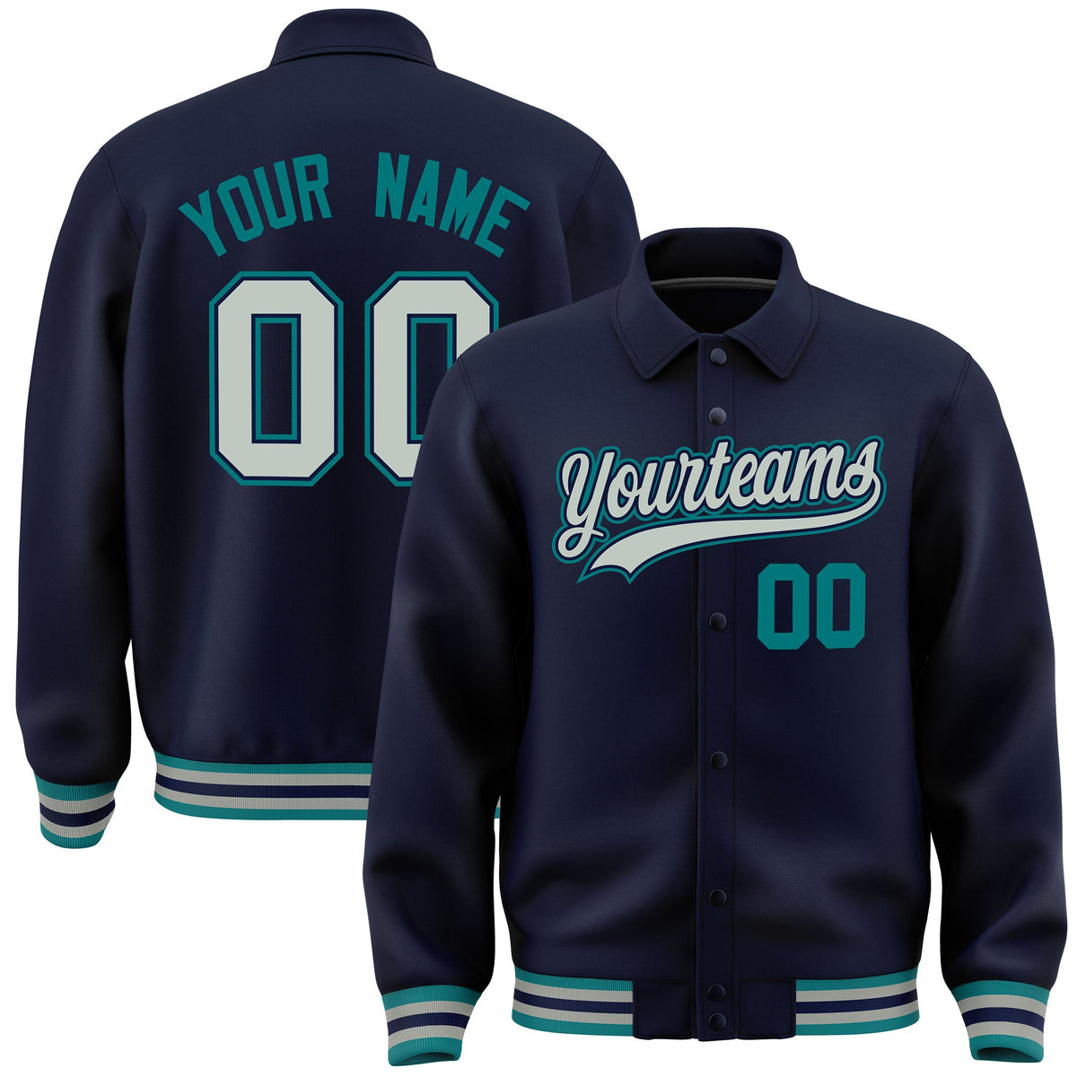 Custom Navy, Grey, Teal collared coach jacket - front and back view - Style 1 | KXKSHOP