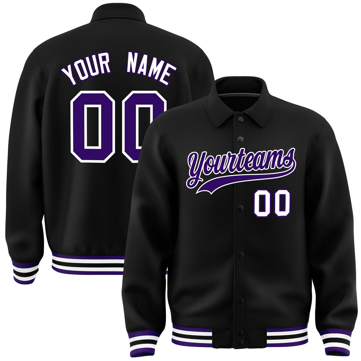 Custom Black, Purple, White collared coach jacket - front and back view - Style 1 | KXKSHOP