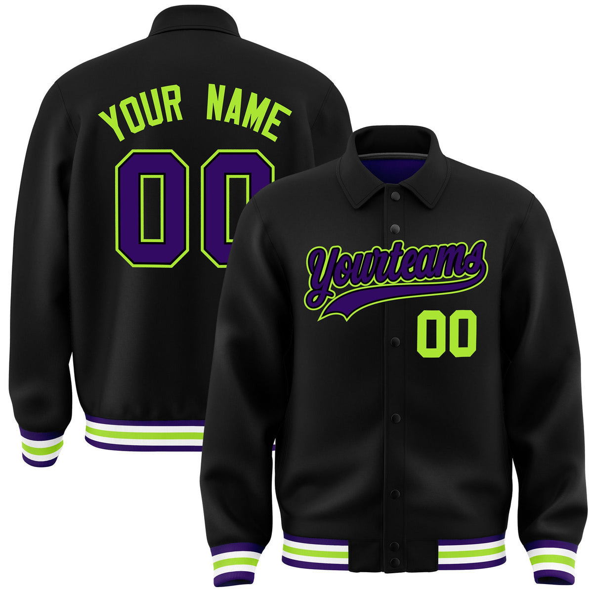 Custom Black, Purple, Neon Green collared coach jacket - front and back view - Style 1 | KXKSHOP