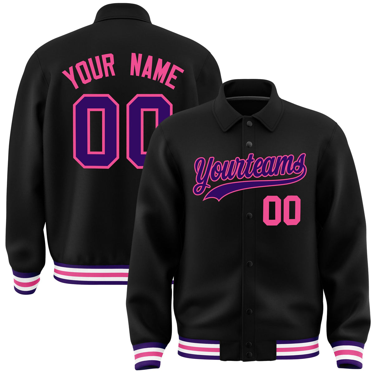 Custom Black, Purple, Pink collared coach jacket - front and back view - Style 1 | KXKSHOP