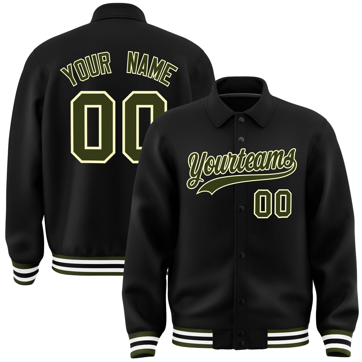 Custom Black, Olive, Cream collared coach jacket - front and back view - Style 1 | KXKSHOP