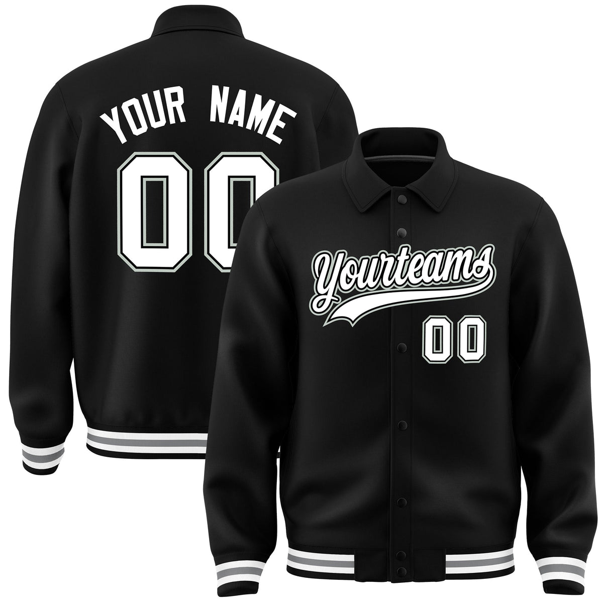 Custom Black, White, Grey collared coach jacket - front and back view - Style 1 | KXKSHOP